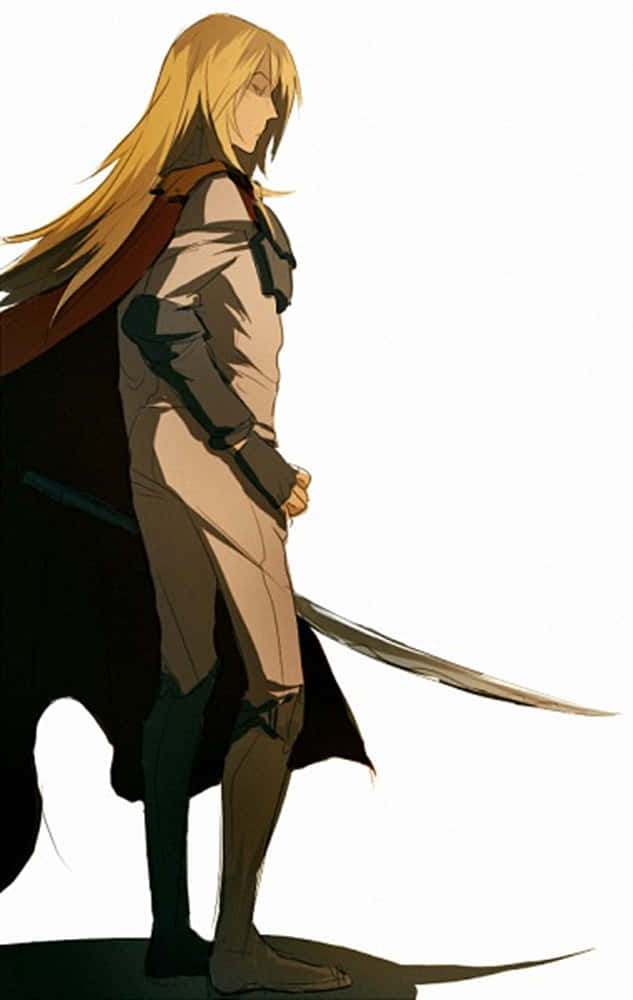 Gurren Lagann Viral 桌布 壁紙 — 一位孤獨的動漫戰士，長長的金色頭髮，側面站立，手持劍，背景是純白色。