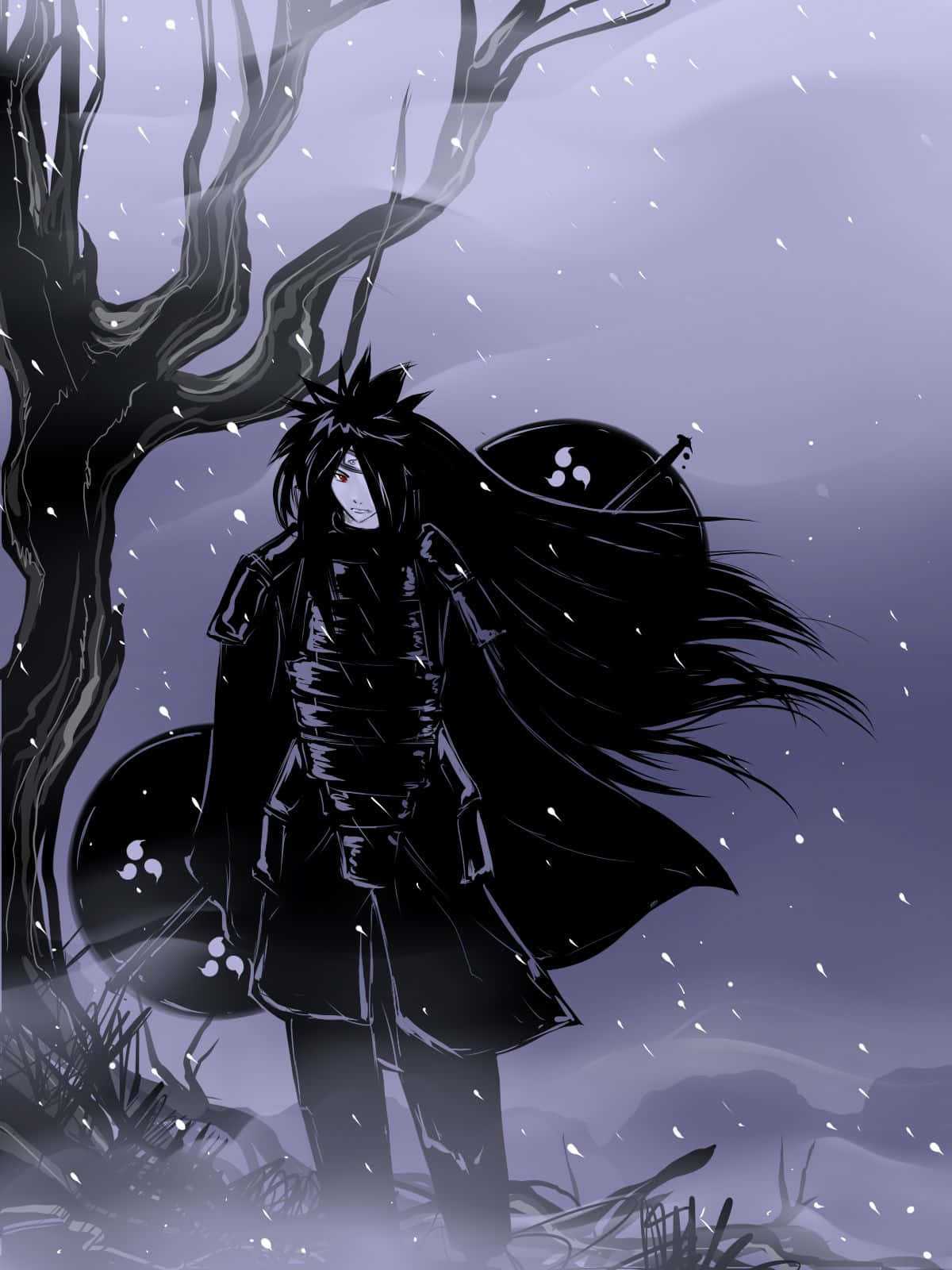 Madara Cool 桌布 壁紙 — 一位孤獨的動漫戰士，長長的黑髮和斗篷，站在一棵光禿禿的樹下，背景是雪地紫色調的風景。