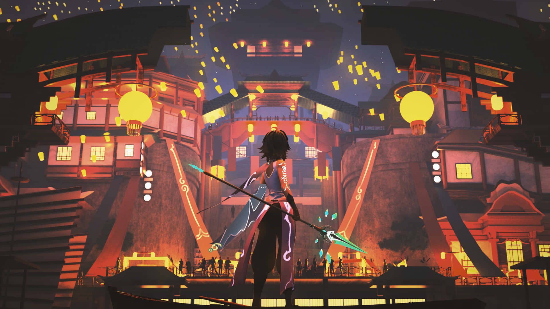Genshin Impact Xiao 桌布 壁紙 — 一位孤獨的動漫戰士在夜晚站在橋上，揮舞著發光的長矛，面對著一個宏偉的、被漂浮燈籠照亮的寺廟建築群。