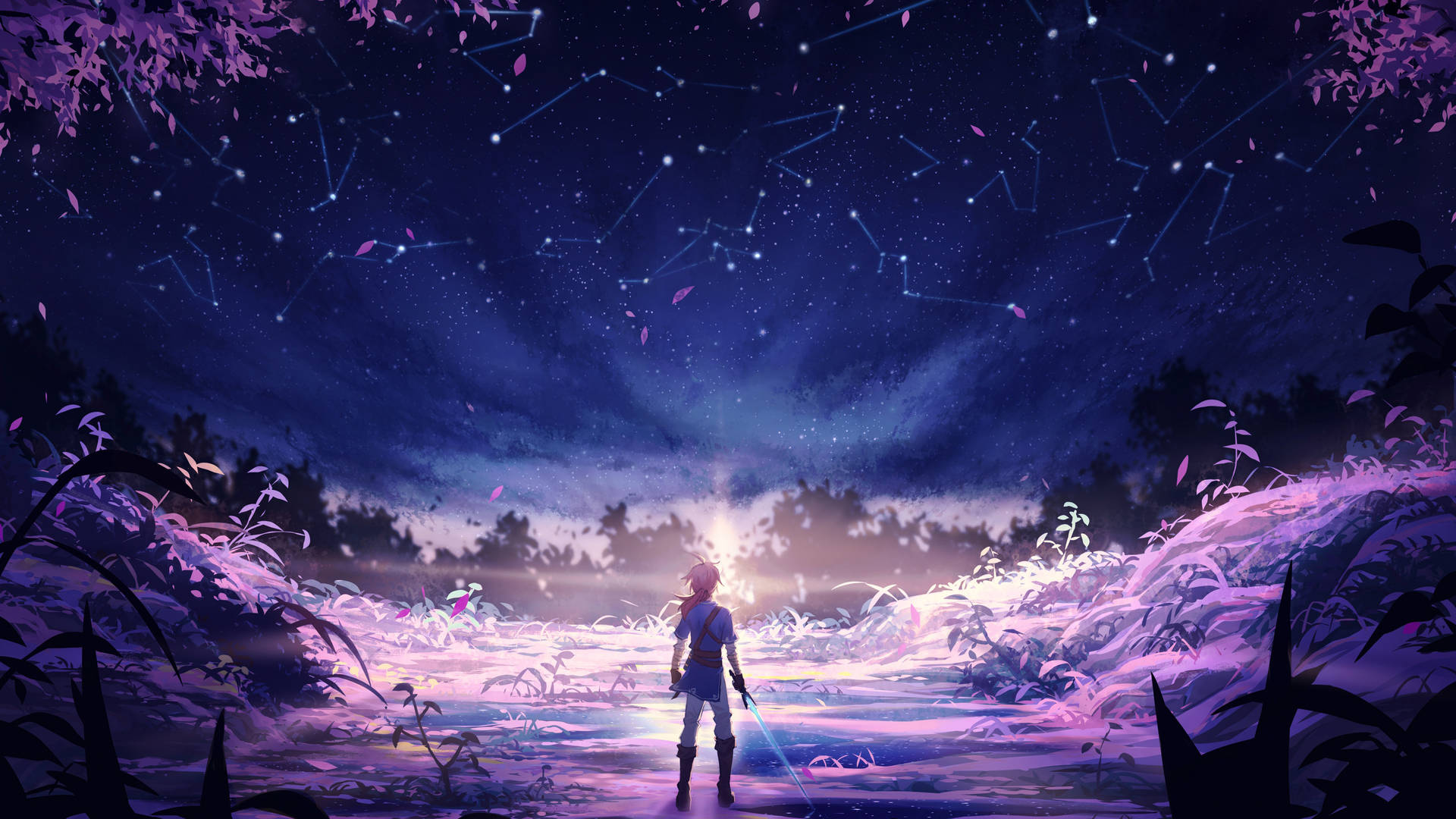 動漫戰士站在發光的田野上，星空璀璨，可見星座。 — 紫色美學 壁紙