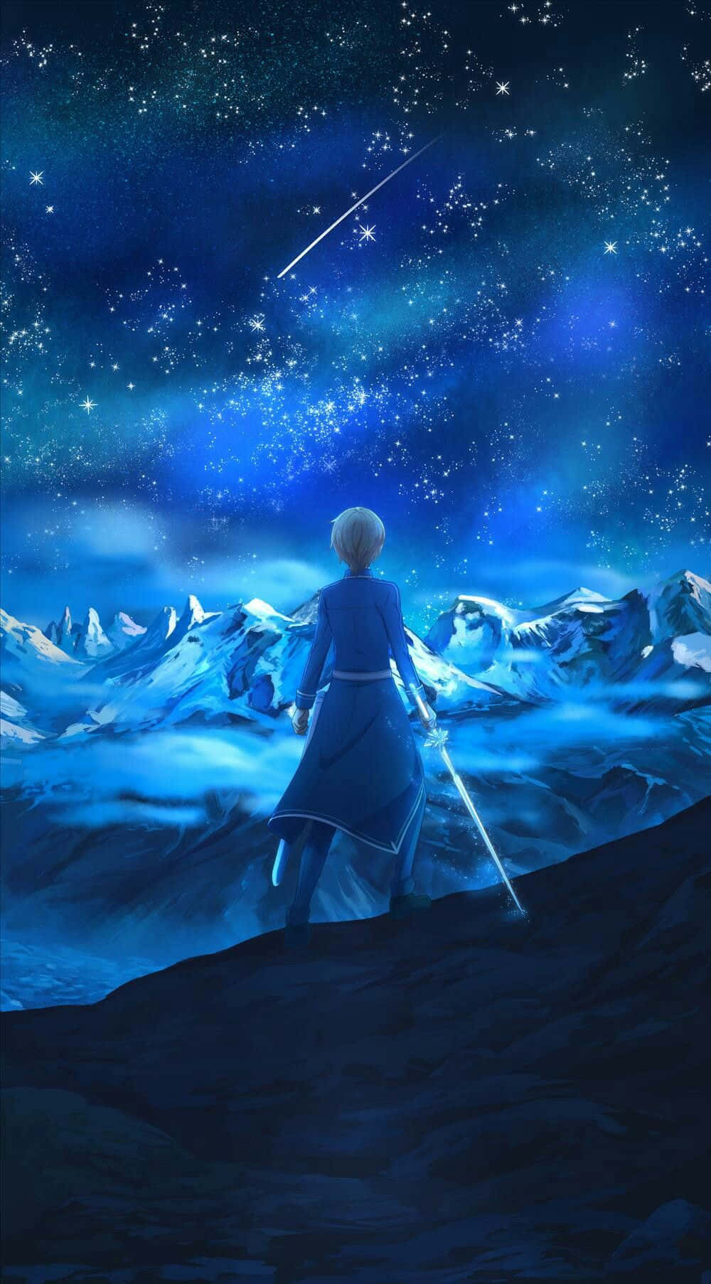 Sword Art Online Eugeo 桌布 壁紙 — 一位孤獨的動漫戰士站在白雪覆蓋的山頂上，凝視著帶有流星的 vibrant 藍色星空。