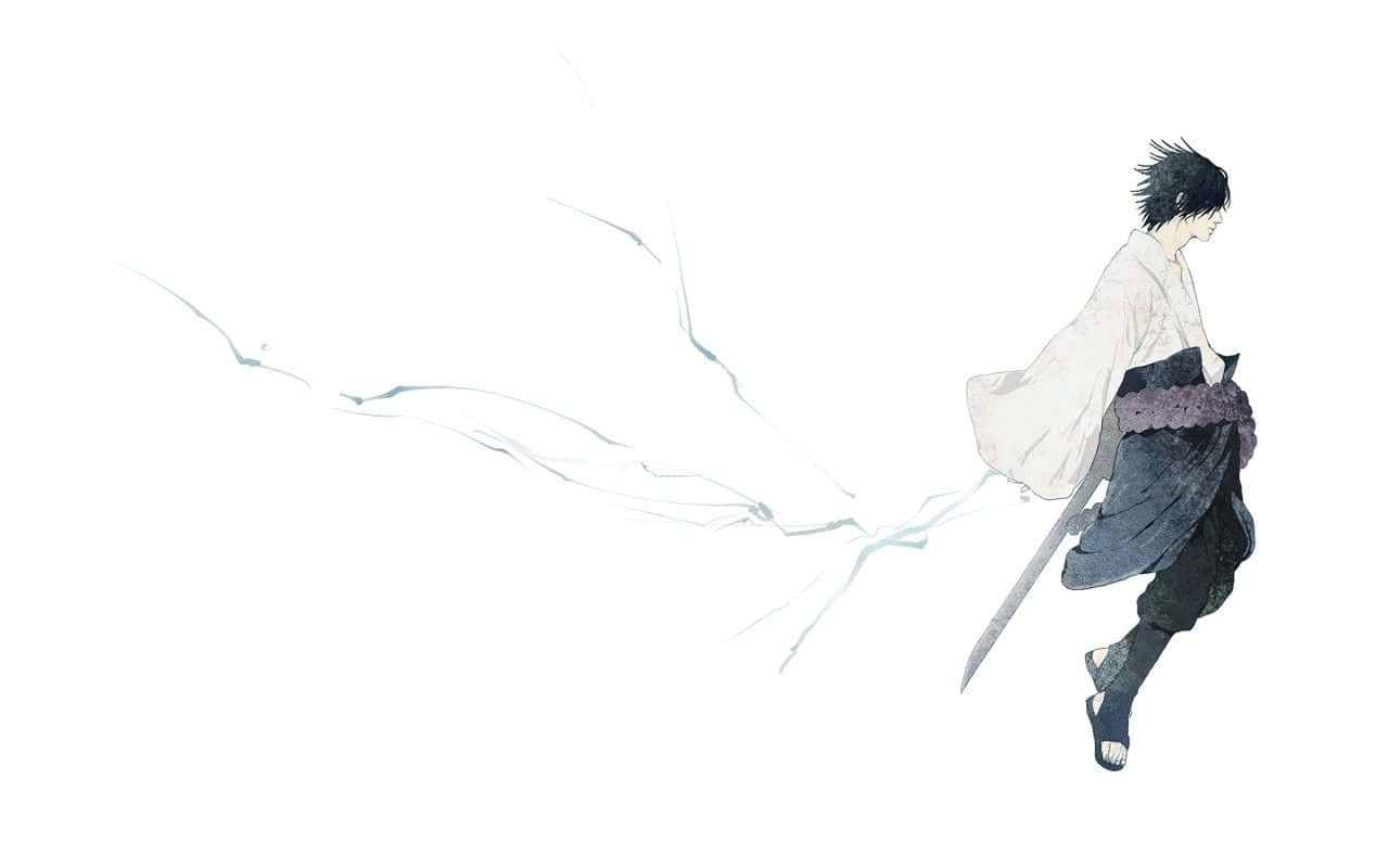 Naruto White 桌布 壁紙 — 一位孤獨的動漫戰士身穿飄逸的白色和深色長袍，手持一把劍，在純白背景上留下空靈的藍色能量，大步向前。