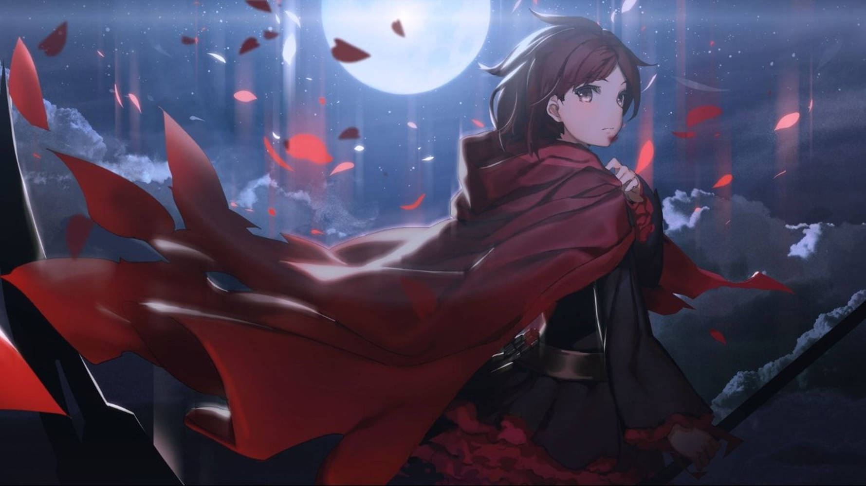 Moonlight 桌布 壁紙 — 一位孤獨的動漫戰士身穿飄逸的紅色斗篷，站在滿月下，深紅色的花瓣在夜空中飄落。