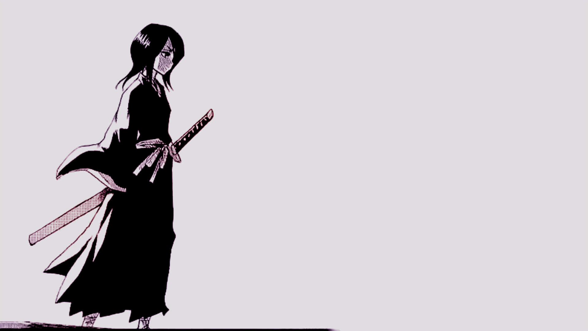 Rukia Kuchiki 桌布 壁紙 — 一位孤獨的動漫戰士身穿黑色長袍，手持武士刀，背景為純淺灰色。