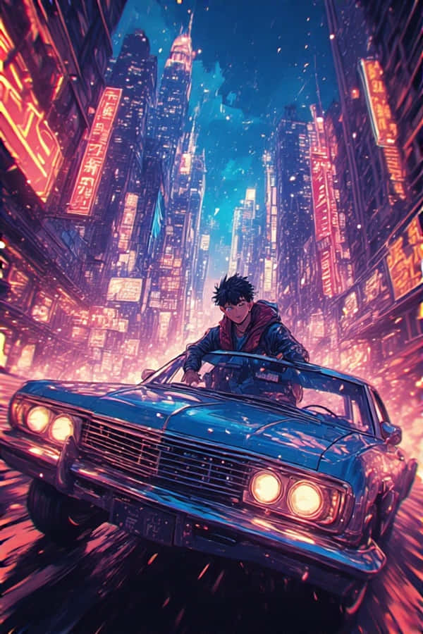 Vintage Car 桌布 壁紙 — 一位孤獨的司機駕駛經典汽車，在夜晚穿越霓虹閃爍的賽博龐克城市景觀。
