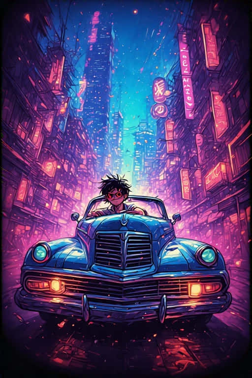 Retro Anime Character Driving Vintage Car Neon Cityscape 80s 壁紙 — 一位孤獨的司機駕駛著一輛復古藍色敞篷車，在霓虹閃爍的賽博朋克小巷中穿梭，頭頂是閃耀的綠松色天空。