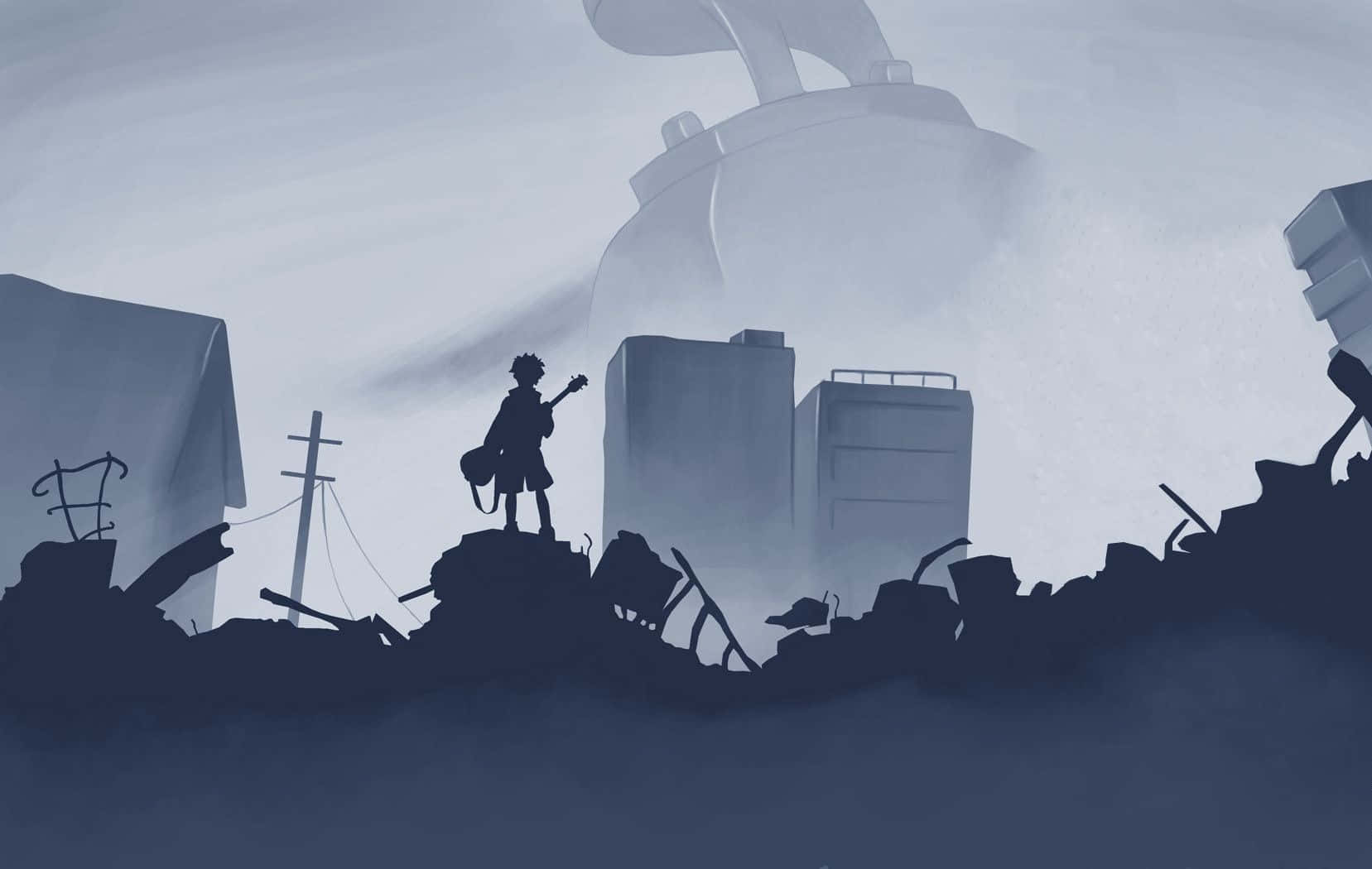 Flcl 桌布 壁紙 — 一位孤獨的吉他手站在瓦礫堆上，身處荒涼、霧氣瀰漫的城市廢墟中，天空蒼白。