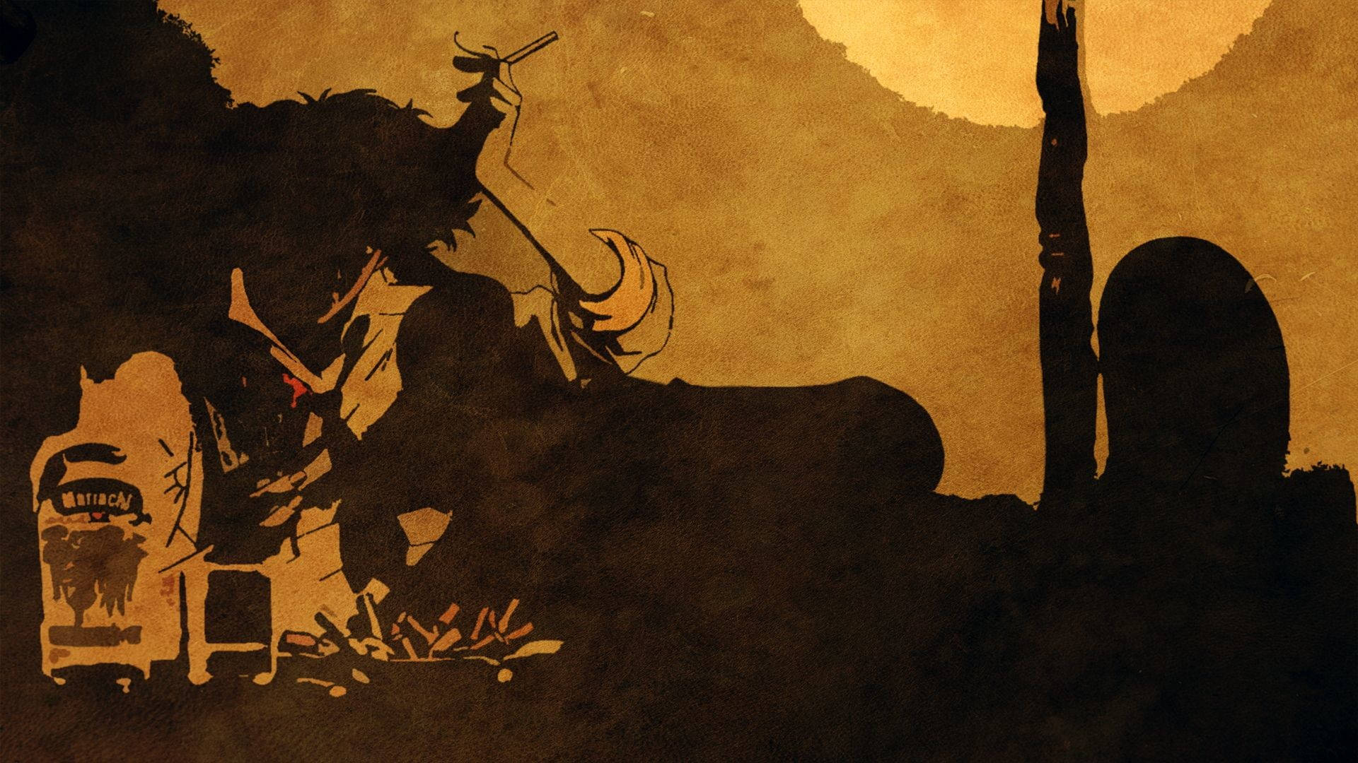 Cowboy Bebop Desktop 桌布 壁紙 — 一位孤獨的墨西哥街頭樂手在發光的月亮下，以鮮明的剪影映襯著紋理豐富的金色背景演奏。