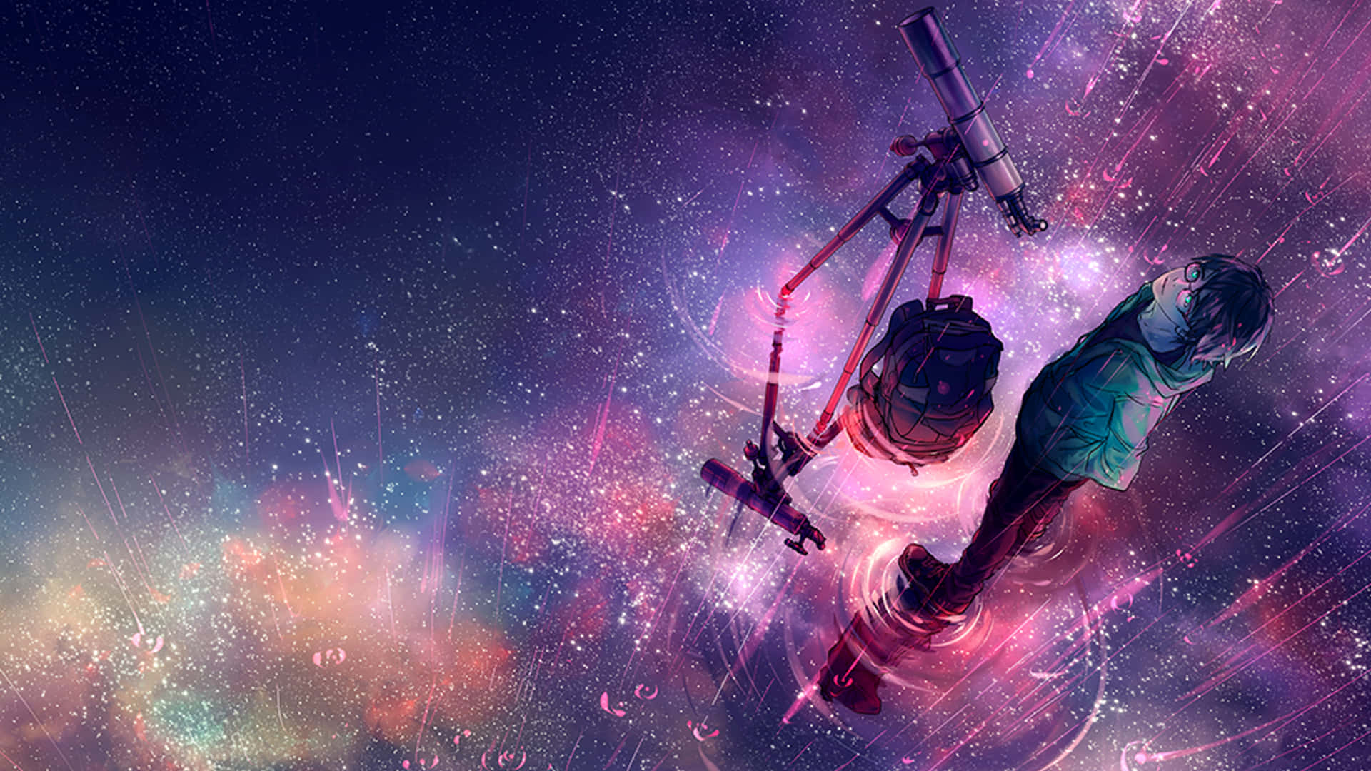 銀河 桌布 壁紙 — 一位孤獨的天文學家漂浮在宇宙星雲中，手持望遠鏡，周圍是旋轉的粉紅色、紫色和藍色星星。
