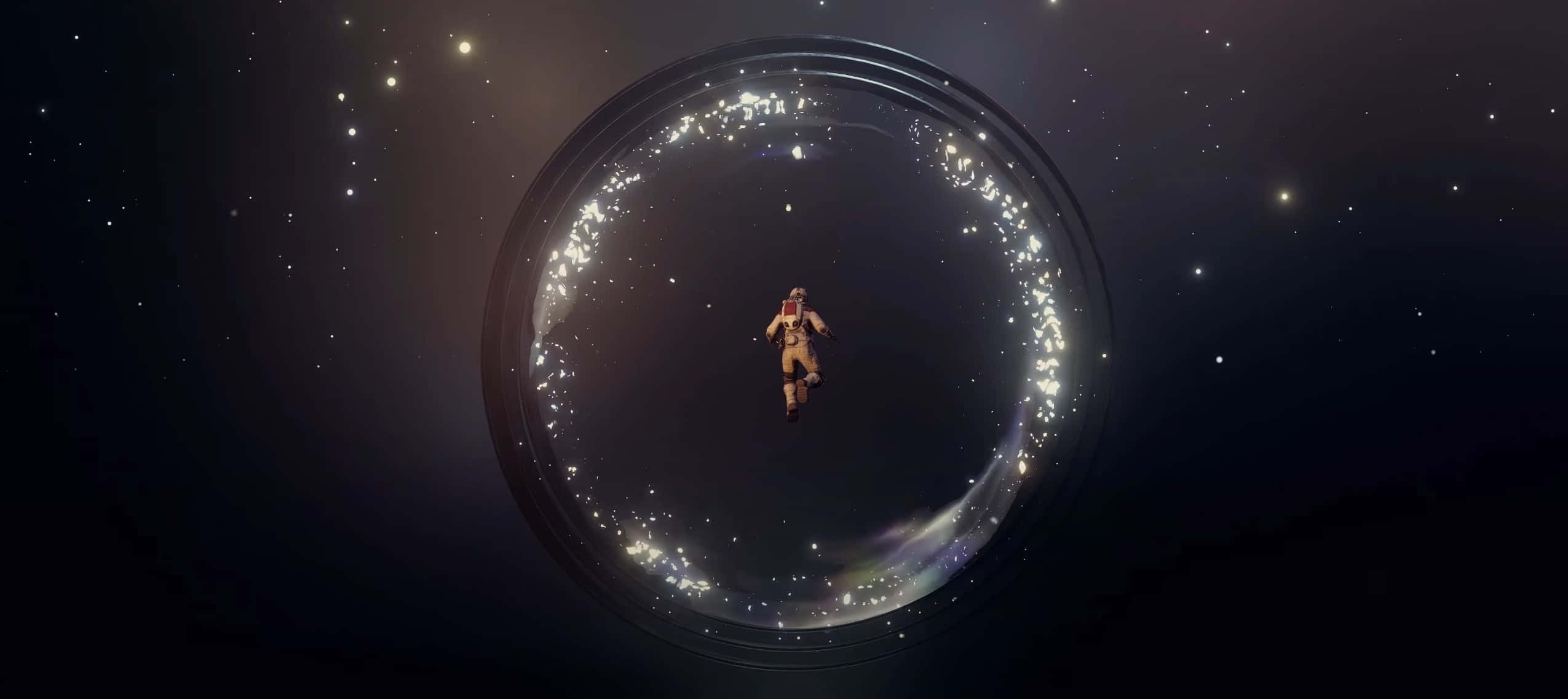 星空 桌布 壁紙 — 一位孤獨的太空人在星光熠熠的宇宙虛空中漂浮在一個發光的圓形傳送門內。