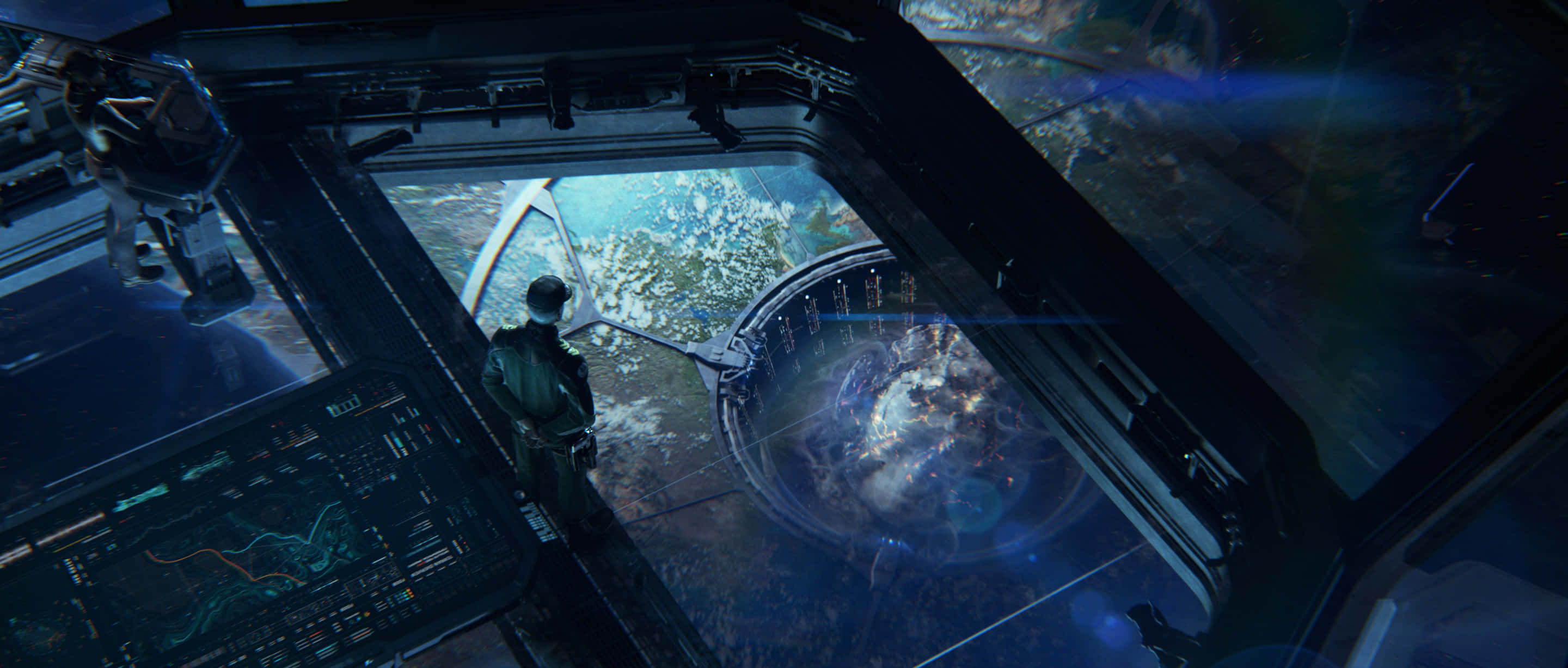 Halo Ark 桌布 壁紙 — 一位孤獨的太空人在未來太空站透過彎曲的觀景窗俯瞰發光的外星行星。