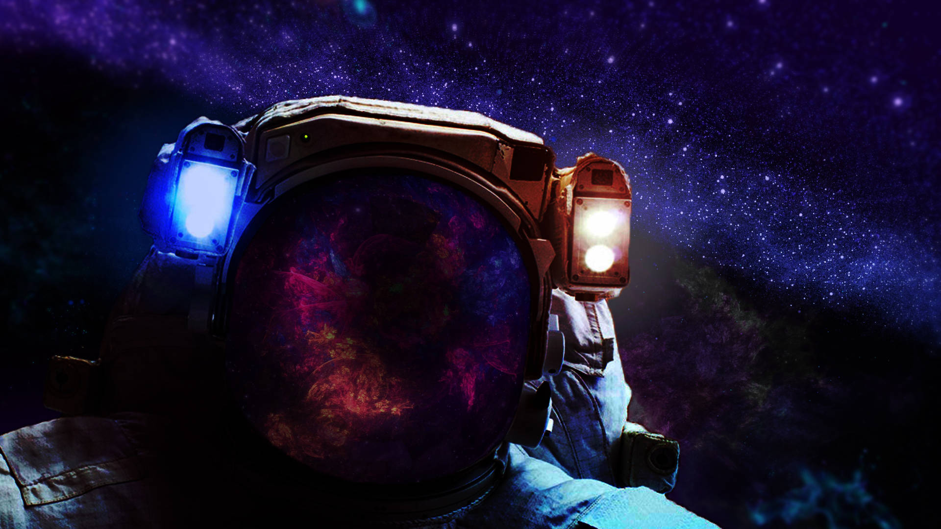 穿著太空衣的太空人在星星間漂浮，發光的頭盔反射出星雲。
