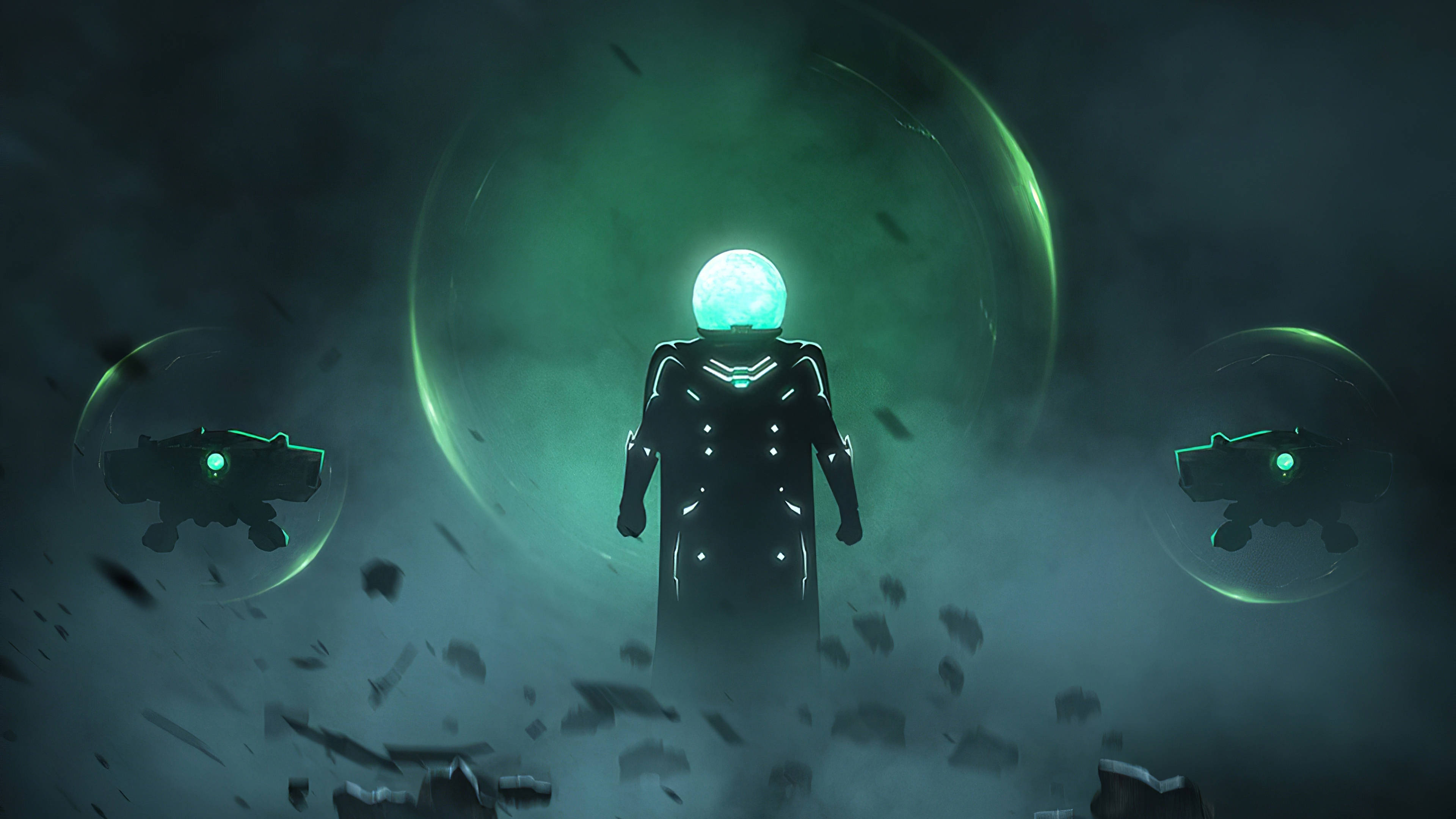 Mysterio 桌布 壁紙 — 一位孤獨的太空人戴著發光頭盔，站在漂浮的碎片中，兩架無人機在附近盤旋，背景是綠色星雲。