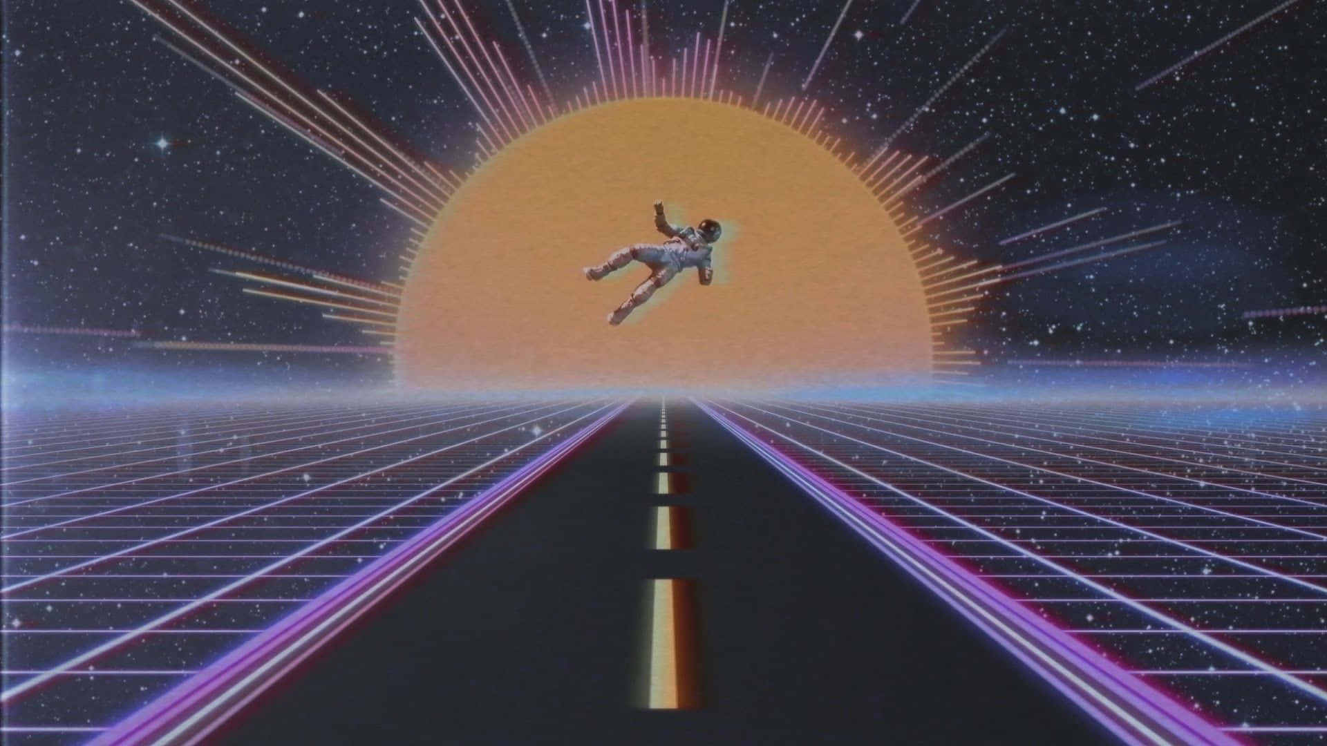 80s Aesthetic 桌布 壁紙 — 一位孤獨的太空人漂浮在一條發光的網格道路上，該道路在星光熠熠的復古未來主義天空中延伸向一顆燦爛的太陽。