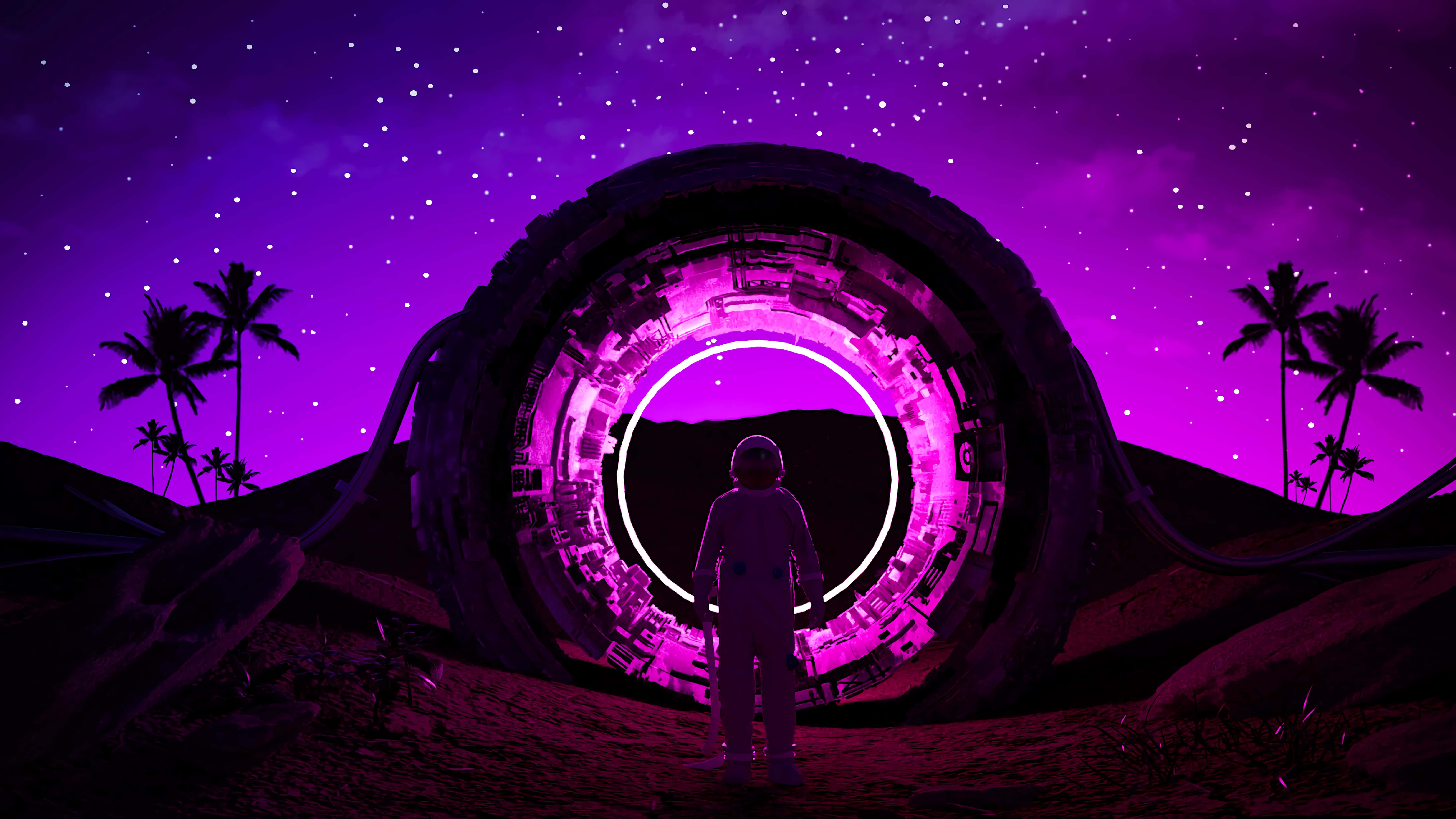 Neon Lights Aesthetic 桌布 壁紙 — 一位孤獨的太空人站在一個發光的紫色蟲洞傳送門前，背景是星空下的外星沙漠和棕櫚樹。