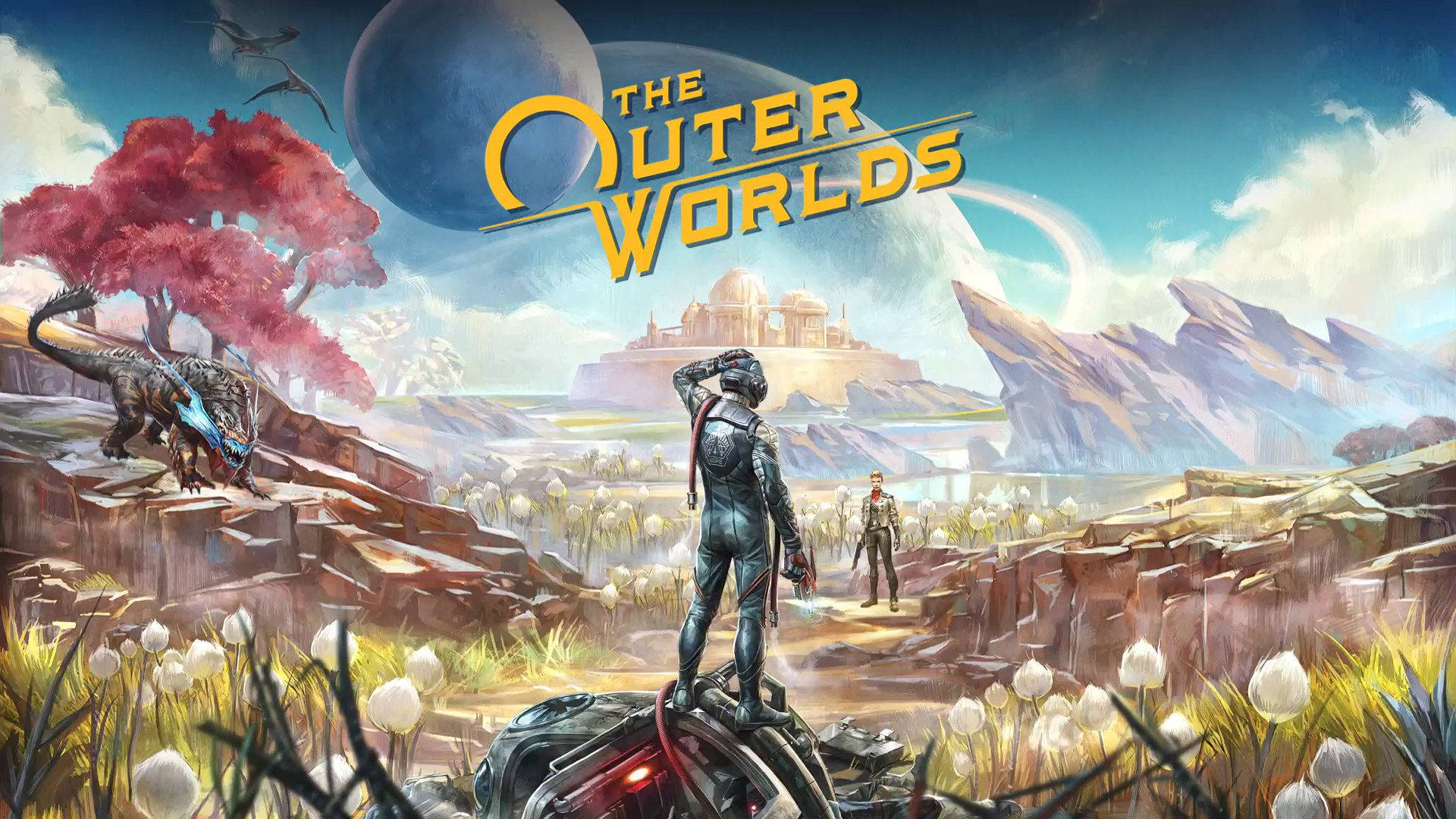 The Outer Worlds 桌布 壁紙 — 一位孤獨的太空人站在一艘失事飛船上，周圍是外星植物和岩石地形，凝視著藍色行星和飛行爬蟲類下的遙遠未來城市。