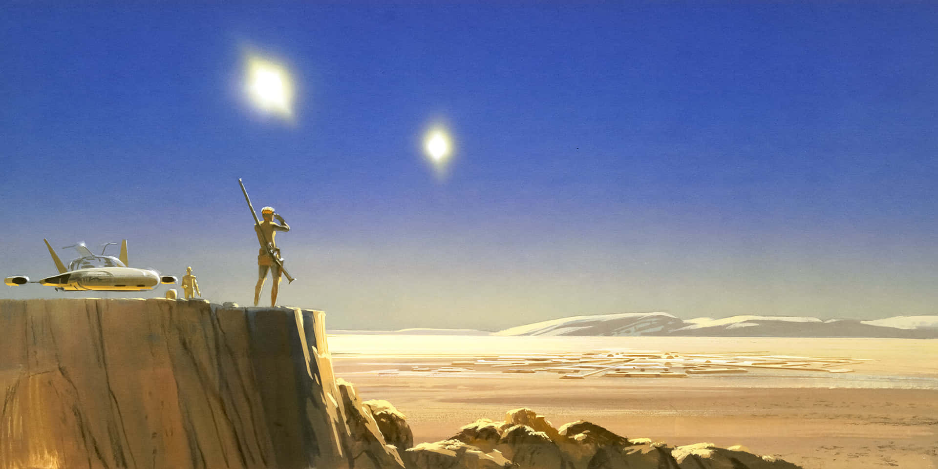 Mos Eisley 桌布 壁紙 — 一位孤獨的太空人站在懸崖邊緣，俯瞰著廣闊的沙漠，天空中有兩個明亮的太陽。