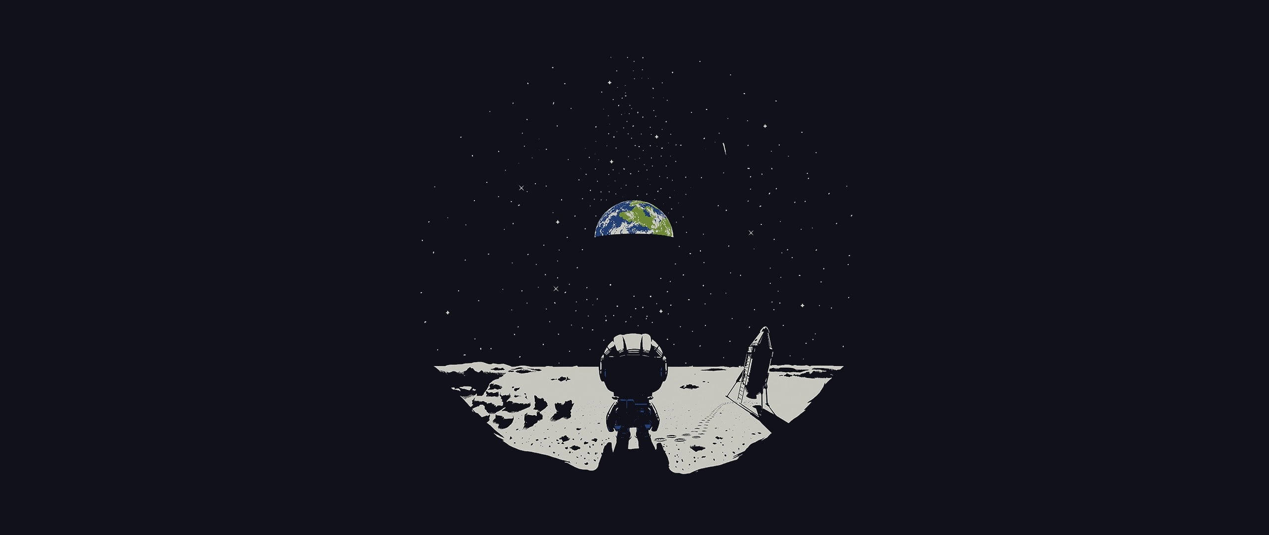 火箭 桌布 壁紙 — 一位孤獨的太空人站在月球表面，凝視著在繁星虛空中升起的地球。