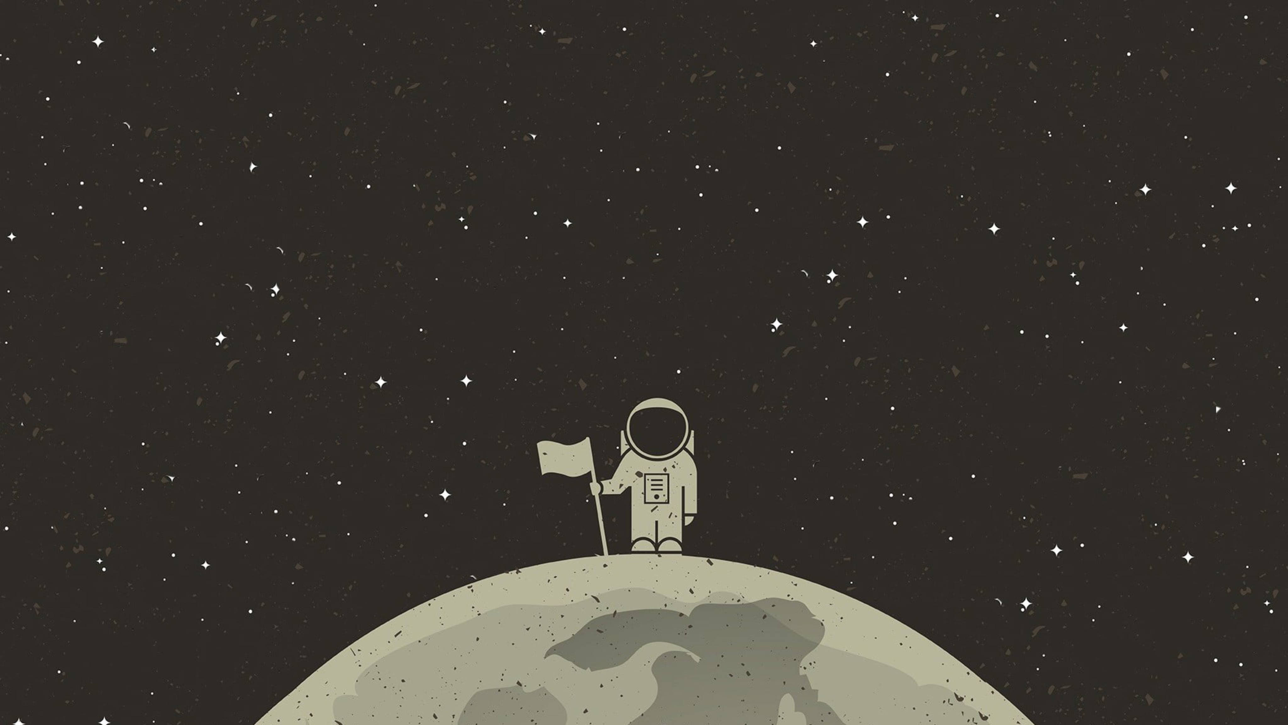vector 桌布 壁紙 — 一位孤獨的太空人站在月球隕石坑頂，在繁星點點的夜空下插旗。