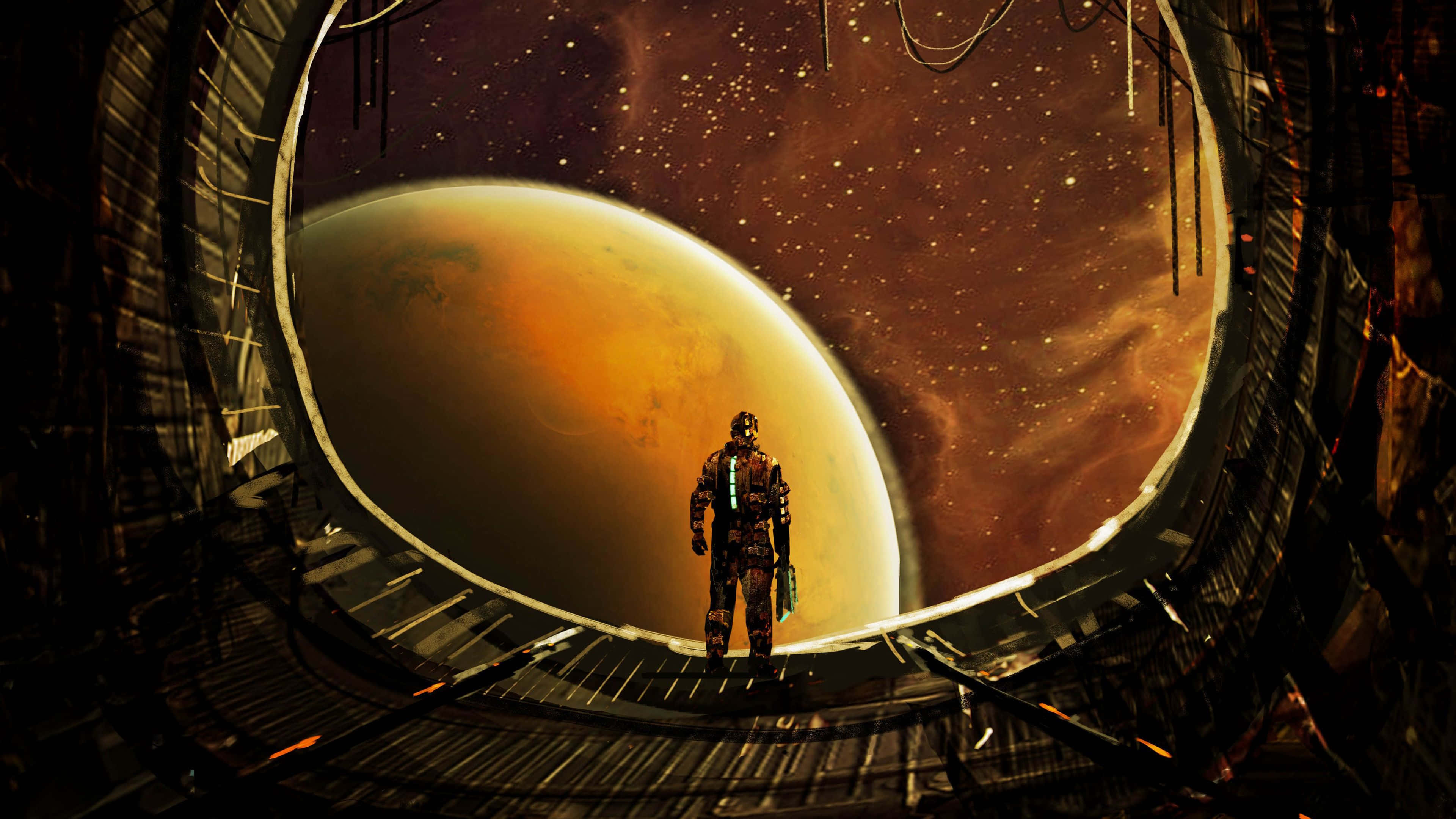Dead Space 4K 桌布 壁紙 — 一位孤獨的太空人站在生鏽的太空船窗內，凝視著一顆巨大的橙色行星，背景是星光燦爛的宇宙。
