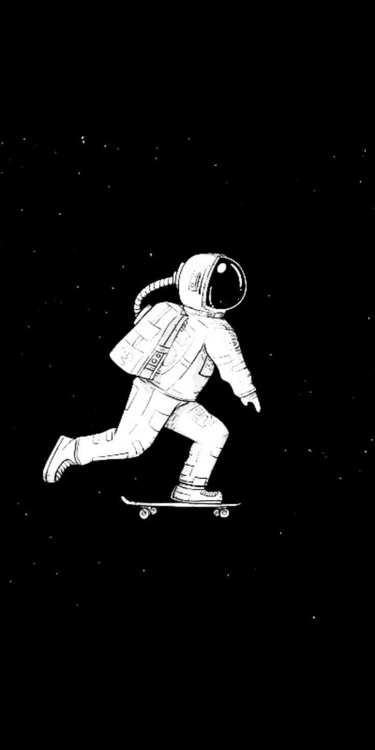 太空 桌布 壁紙 — 一位孤獨的太空人踩著滑板穿過星空的虛無，以黑白線條繪畫呈現。