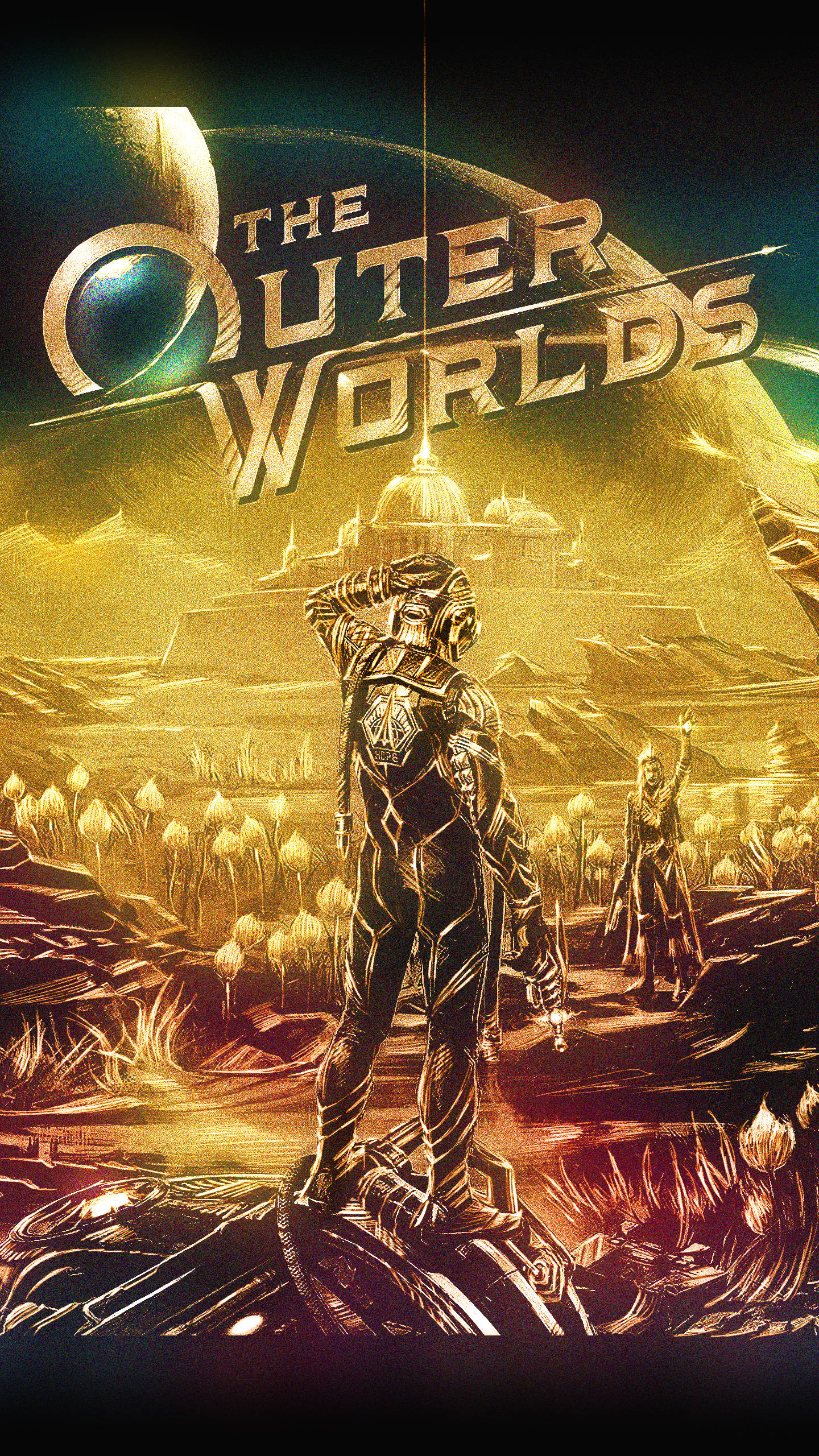 The Outer Worlds 桌布 壁紙 — 一位孤獨的太空人身穿未來主義服裝，站在一個有發光植物和遙遠城市的外星行星上，天空金黃。