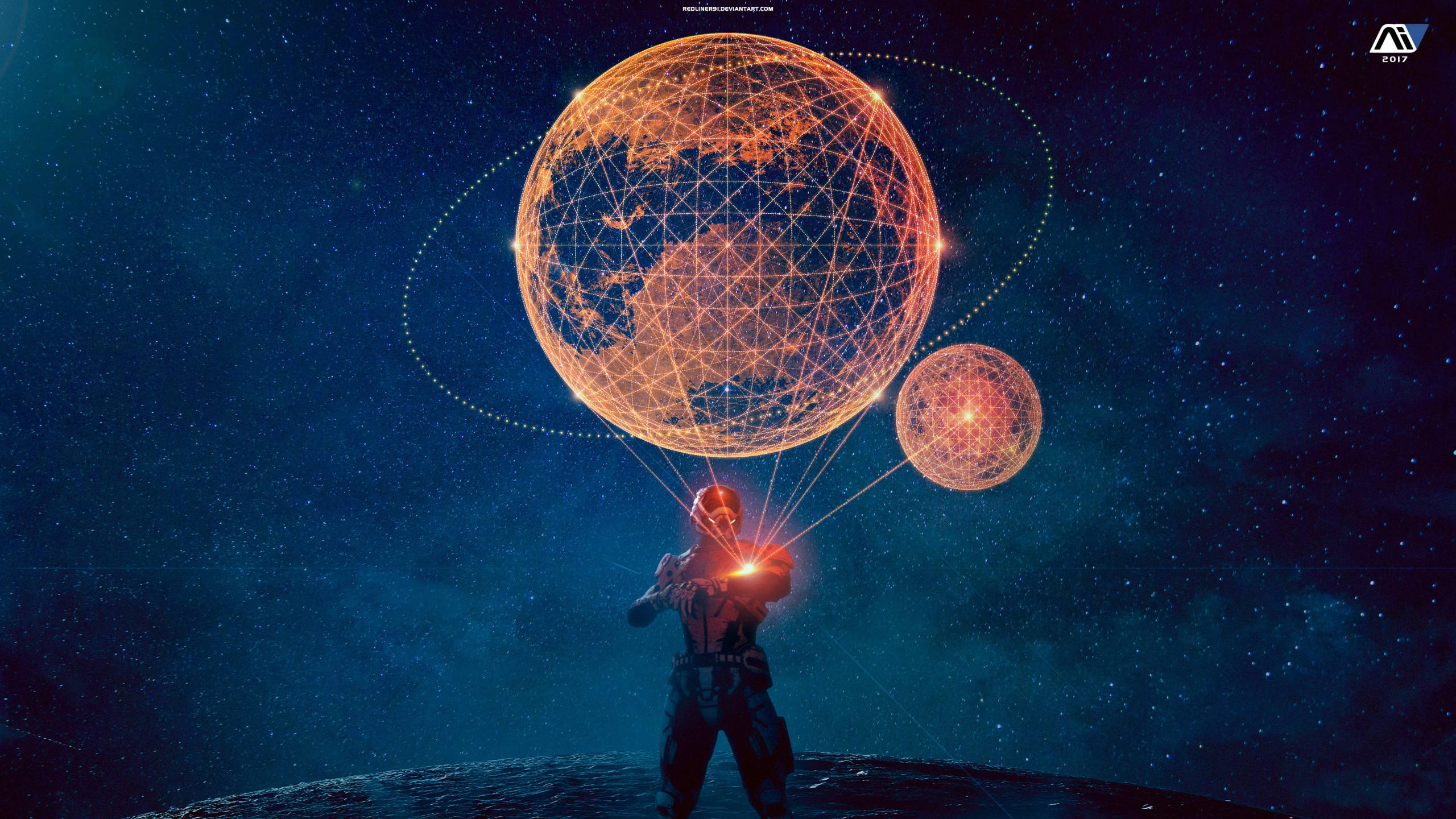 質量效應 桌布 壁紙 — 一位孤獨的太空人身穿發光太空衣，在繁星點點的宇宙背景下手持兩個發光的線框行星。