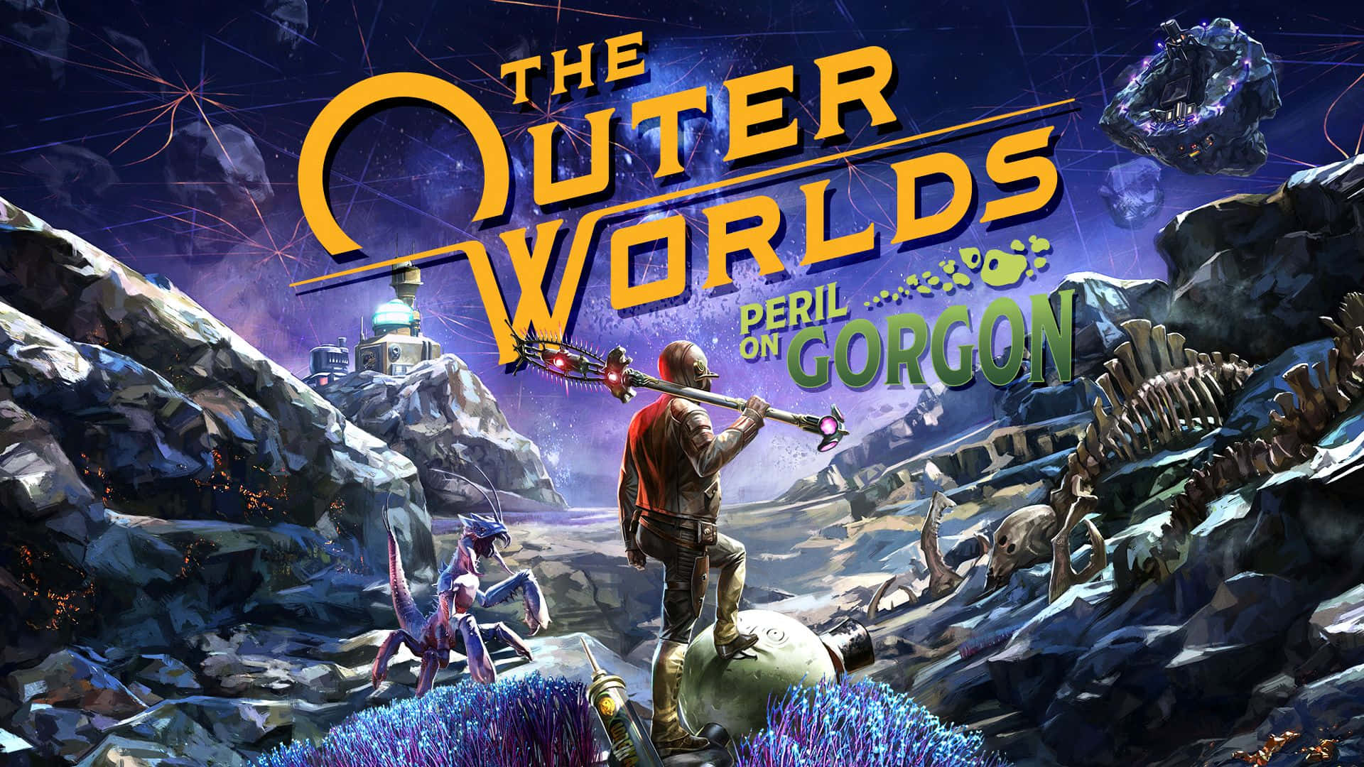 Outer Wilds 桌布 壁紙 — 一位孤獨的太空探險家站在一個岩石外星行星上，周圍有發光的植物和恐龍骨骼，頭頂是星空。