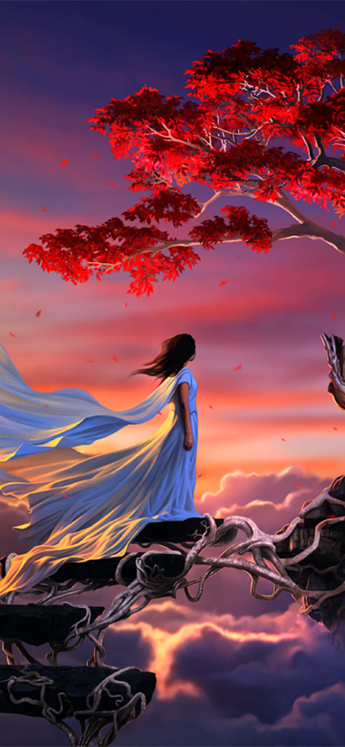 Alone 桌布 壁紙 — 一位孤獨的女性身穿飄逸的藍色長袍，站在佈滿樹根的懸崖上，下方是鮮紅的樹木，背景是熾熱的日落天空。