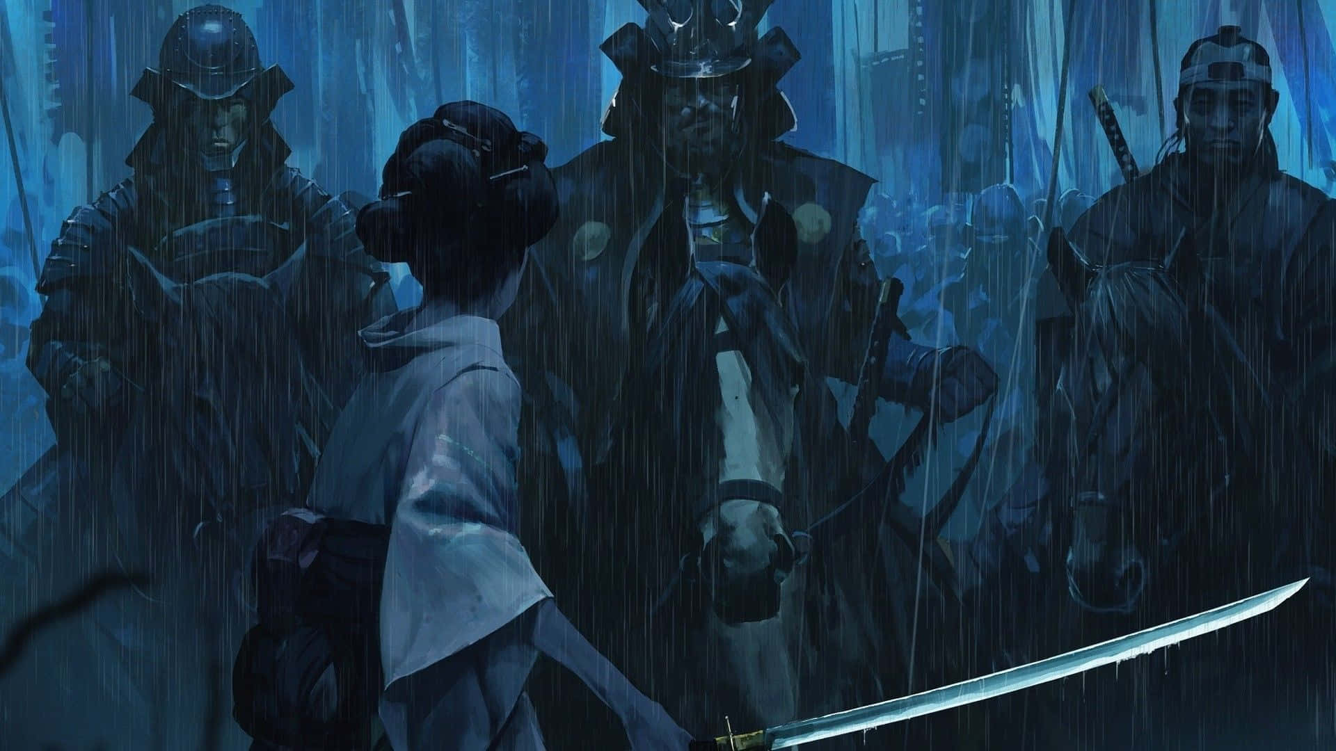 高清 桌布 壁紙 — 一位孤獨的女武士在傾盆大雨中挑釁地站立，手持武士刀，身後有身穿盔甲的戰士在陰鬱的藍調場景中隱現。