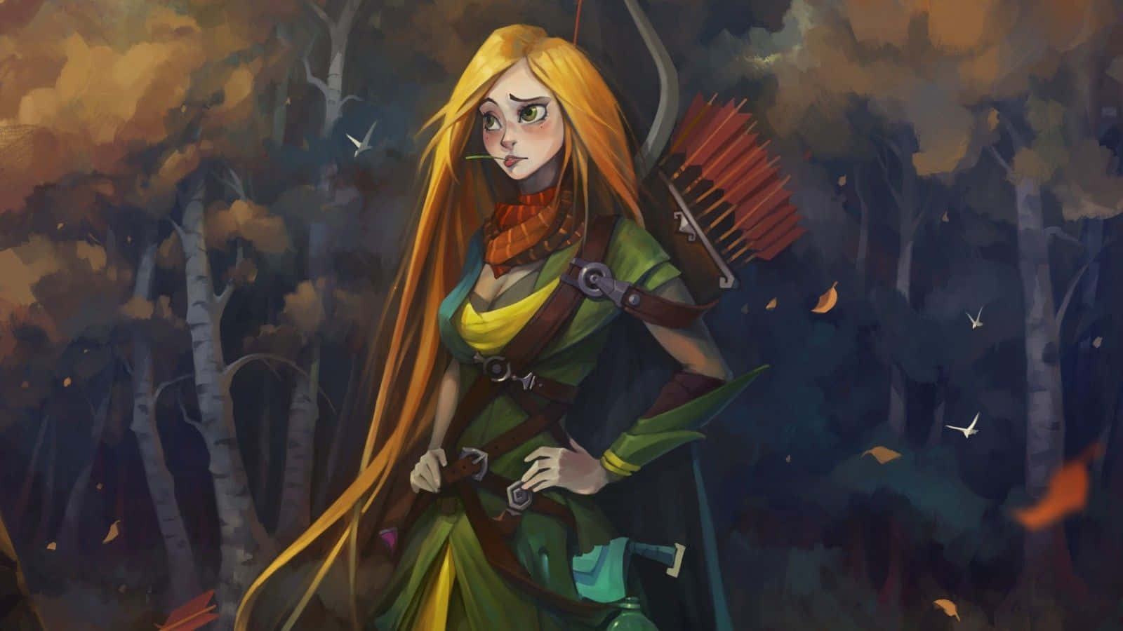 Windranger 桌布 壁紙 — 一位孤獨的弓箭手，長長的金髮，站在黑暗的秋林中，手持弓箭。