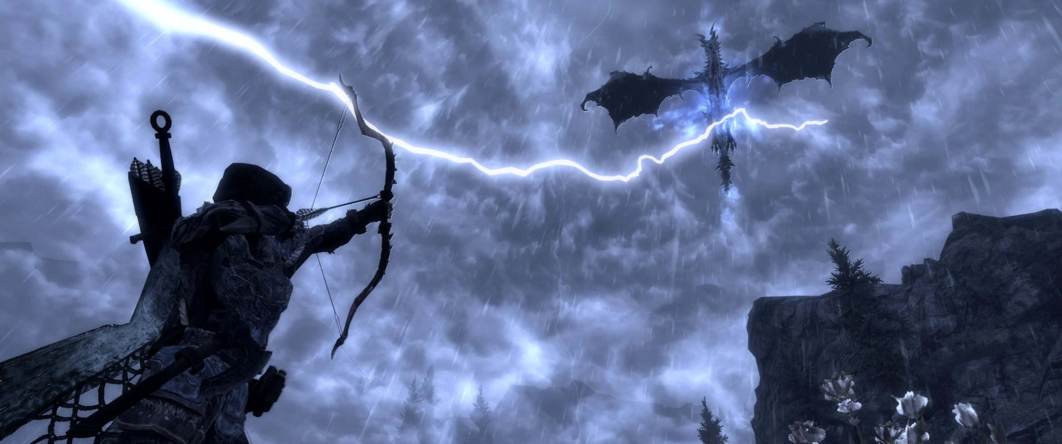 3440x1440p The Elder Scrolls V Skyrim 桌布 壁紙 — 一位孤獨的弓箭手在暴風雨中瞄準一條被閃電擊中的龍，背景是黑暗的天空。