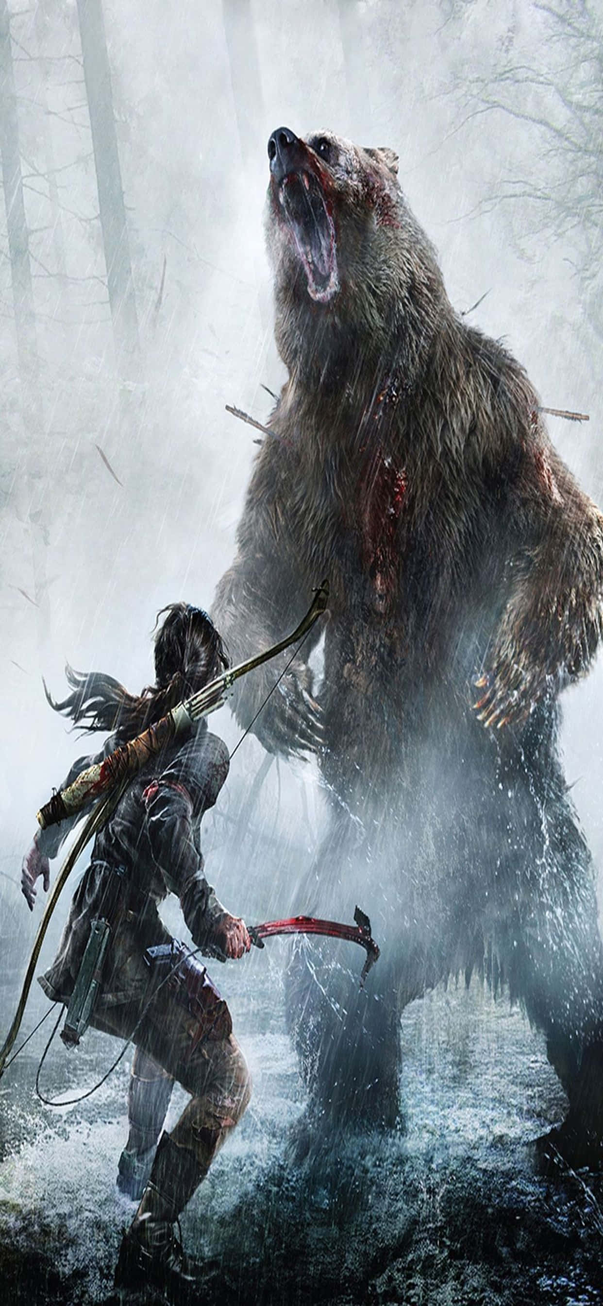 iPhone Xs Max Rise Of The Tomb Raider 桌布 壁紙 — 一位孤獨的弓箭手在迷霧森林中面對一頭巨大的血熊，進行激烈的對抗。