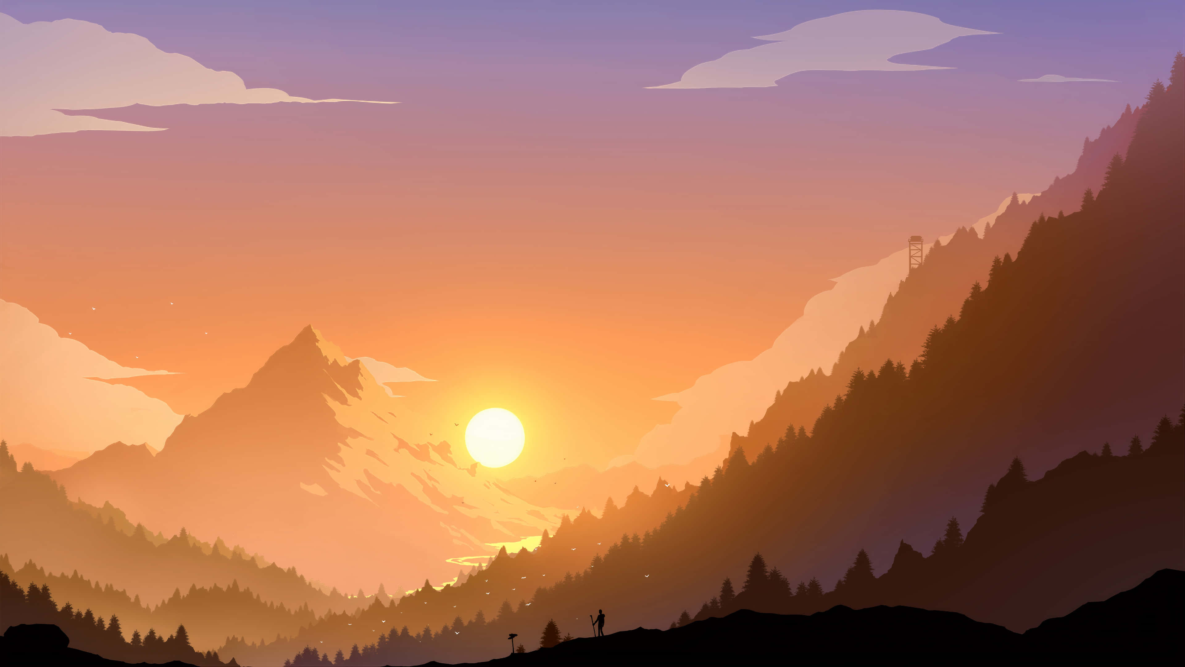 山脈 桌布 壁紙 — 一位孤獨的徒步旅行者站在山脊上，看著夕陽落在白雪覆蓋的山峰和森林覆蓋的山坡後面。
