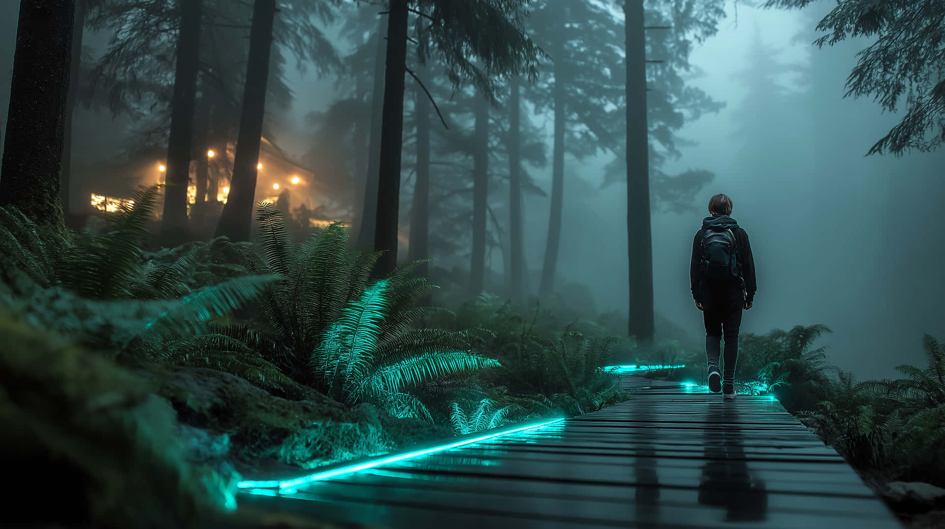 Traveler on an Electroluminescent Path in a Mystical Wood 壁紙 — 一位孤獨的徒步者沿著發光的青綠色木板路穿過霧氣瀰漫的森林，周圍有蕨類植物和遠處的溫暖燈光。