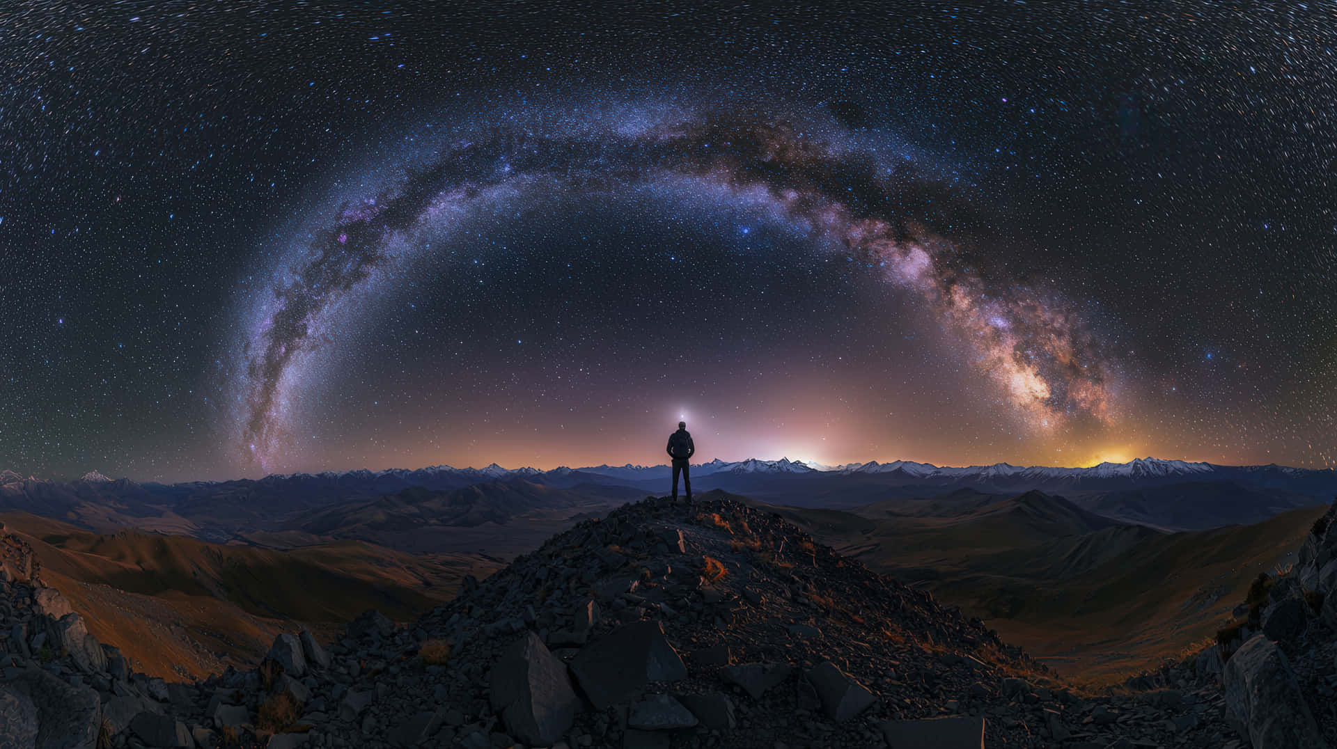 Stargazer Standing on a Mountain Peak Under the Milky Way Arch at Night 壁紙 — 一位孤獨的徒步者站在岩石山頂上，俯瞰著銀河在繁星點點的夜空中拱起的壯麗全景。