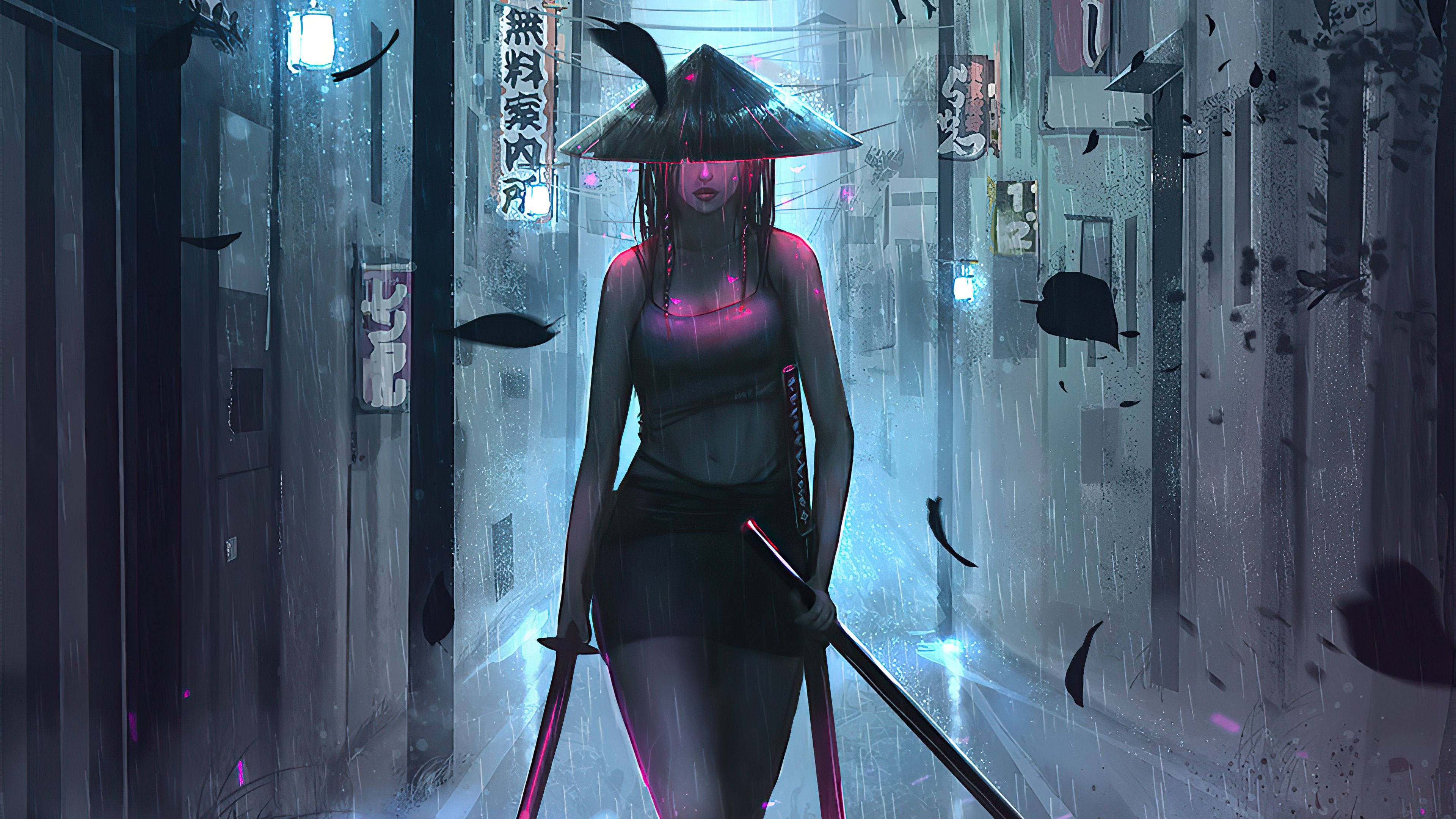 Anime Samurai 桌布 壁紙 — 一位孤獨的忍者女子戴著圓錐形帽子，在霓虹燈照亮的雨巷中手持兩把發光的劍行走。