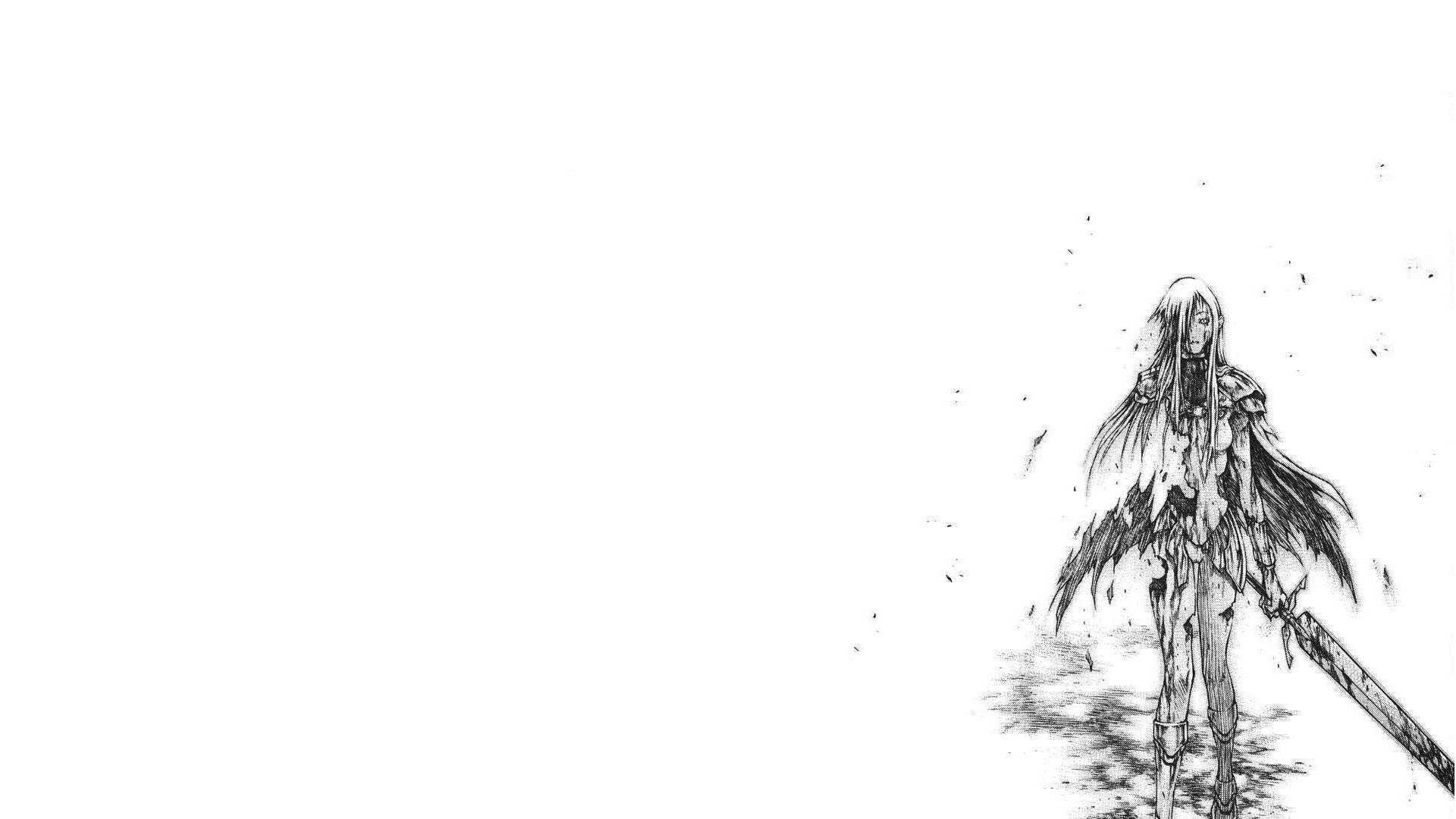 White Anime 桌布 壁紙 — 一位孤獨的戰士，長髮及羽翼，手持劍，站在純白背景前。