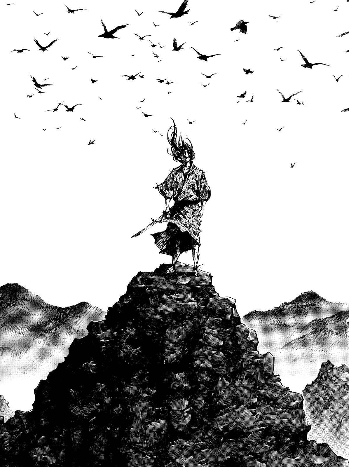 Vagabond 桌布 壁紙 — 一位孤獨的戰士，長髮飄逸，站在崎嶇的山頂上，手持劍，一群鳥在頭頂飛翔，背景是純白的天空。