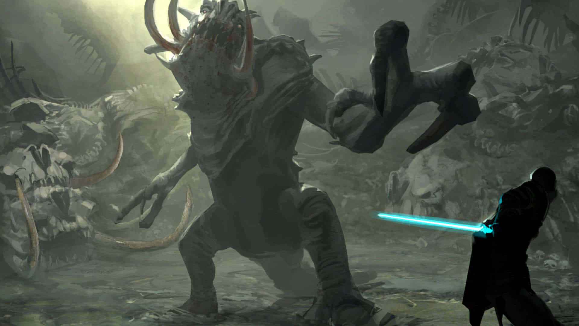 Lightsaber Duel 桌布 壁紙 — 一位孤獨的戰士在充滿巨型頭骨的迷霧廢墟中，揮舞著發光的藍色劍對抗高聳的角怪。