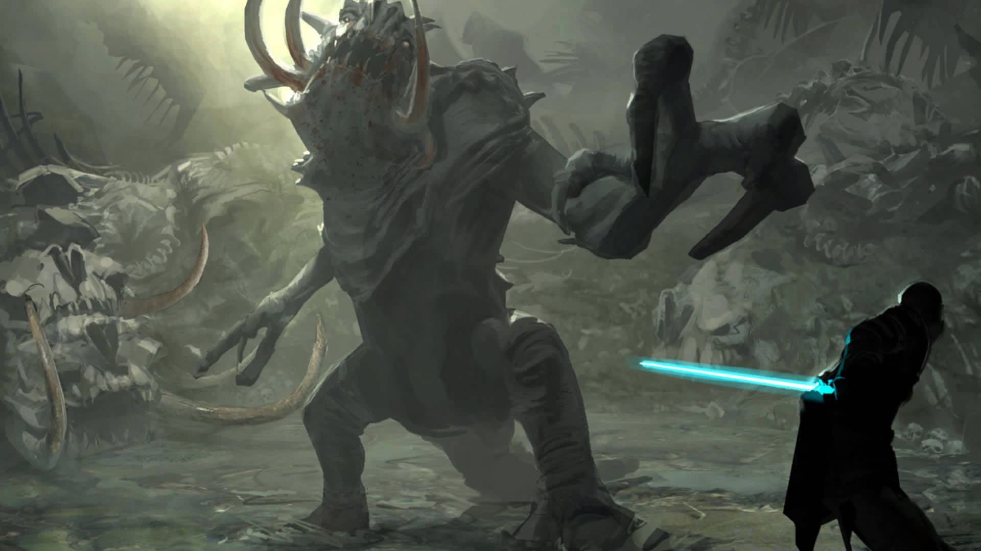 Epic Star Wars 桌布 壁紙 — 一位孤獨的戰士在充滿巨型頭骨的迷霧叢林中揮舞著發光的藍色劍對抗高聳的角怪。