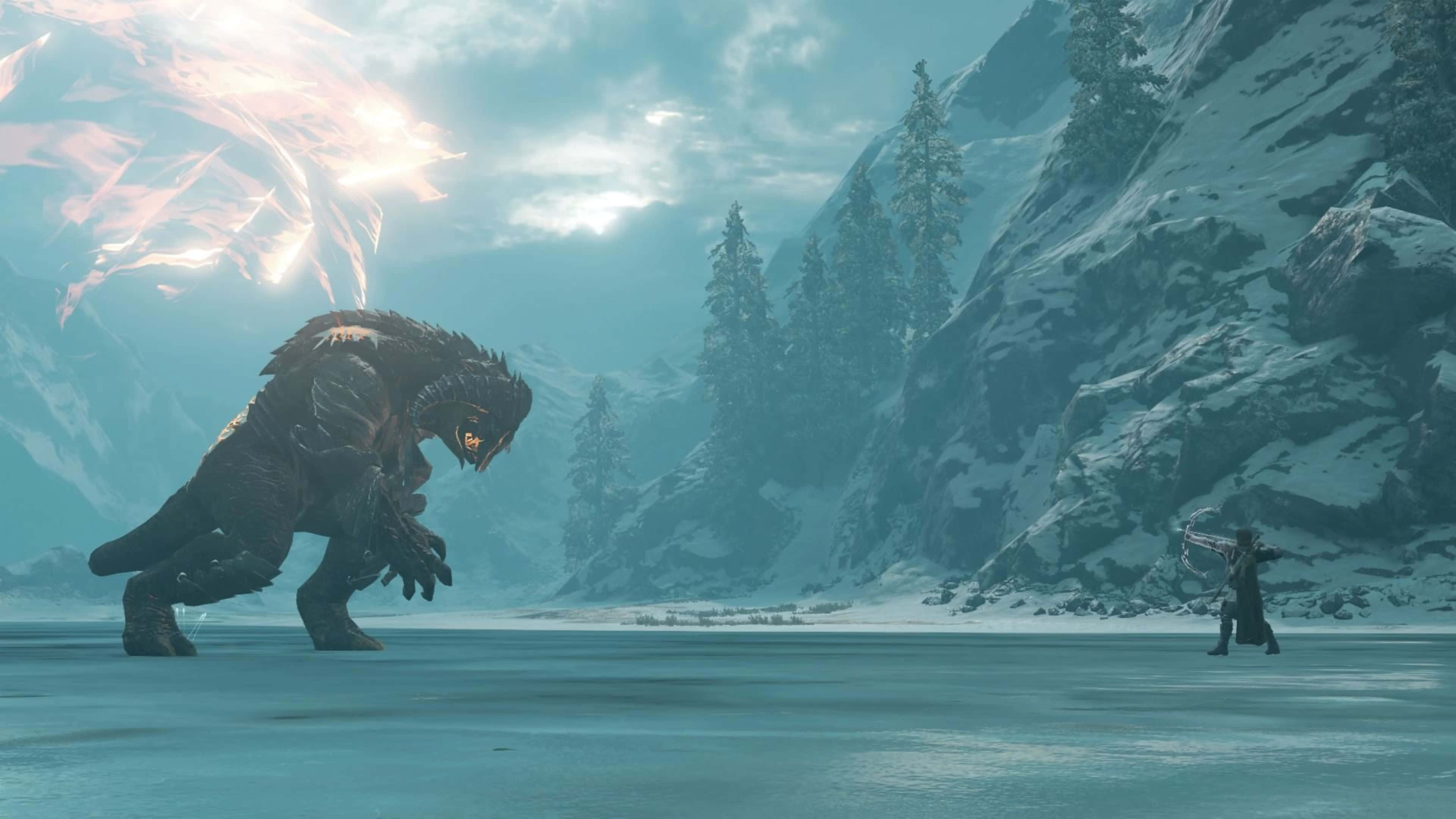 4K Shadow Of War 桌布 壁紙 — 一位孤獨的戰士在冰凍平原上面對一隻巨大的裝甲野獸，背景是發光的天空和白雪覆蓋的山脈。