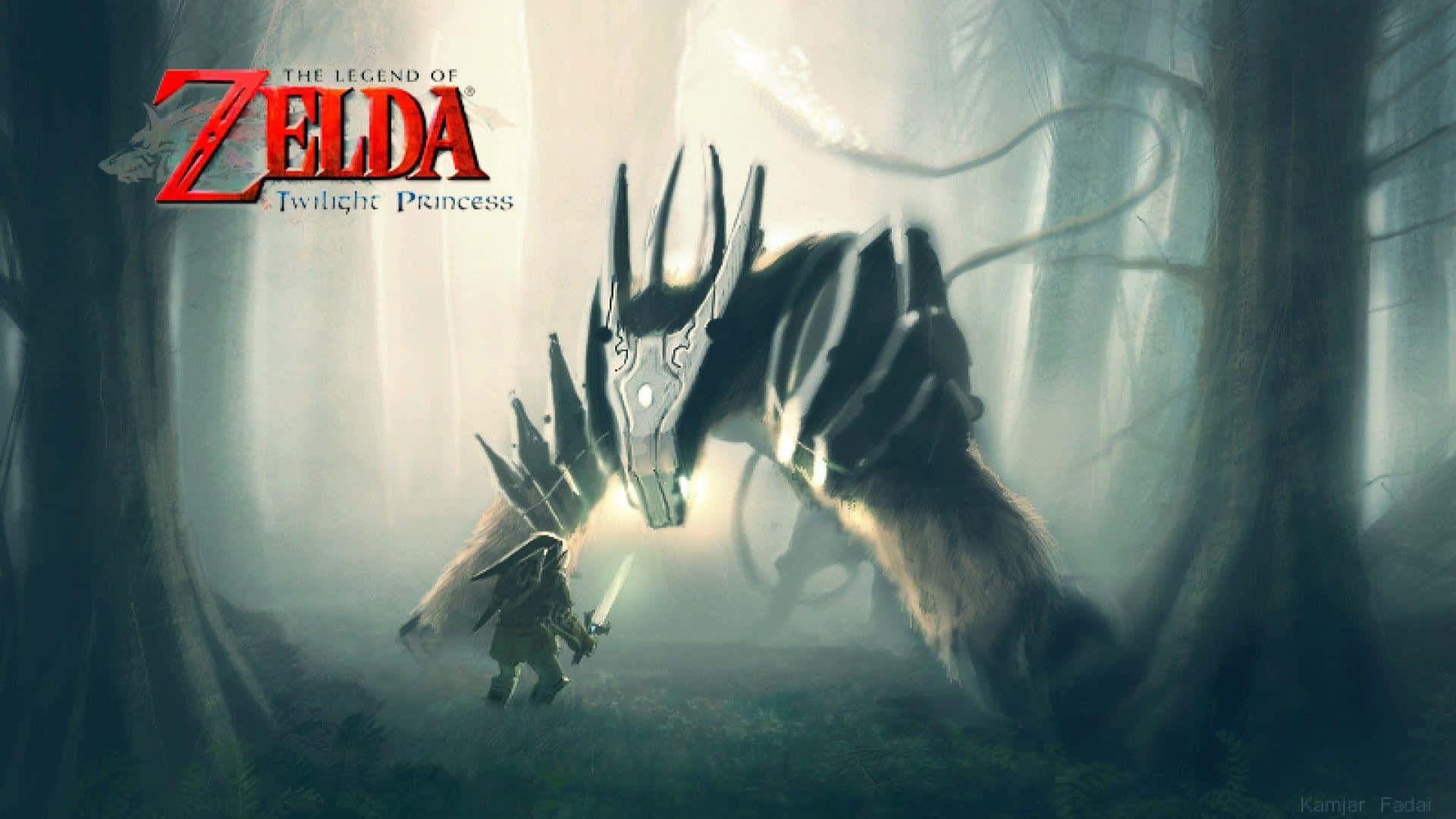 Legend Of Zelda Twilight Princess 桌布 壁紙 — 一位孤獨的戰士在迷霧籠罩的暮色森林中面對一隻巨大、眼睛發光的狼形野獸。