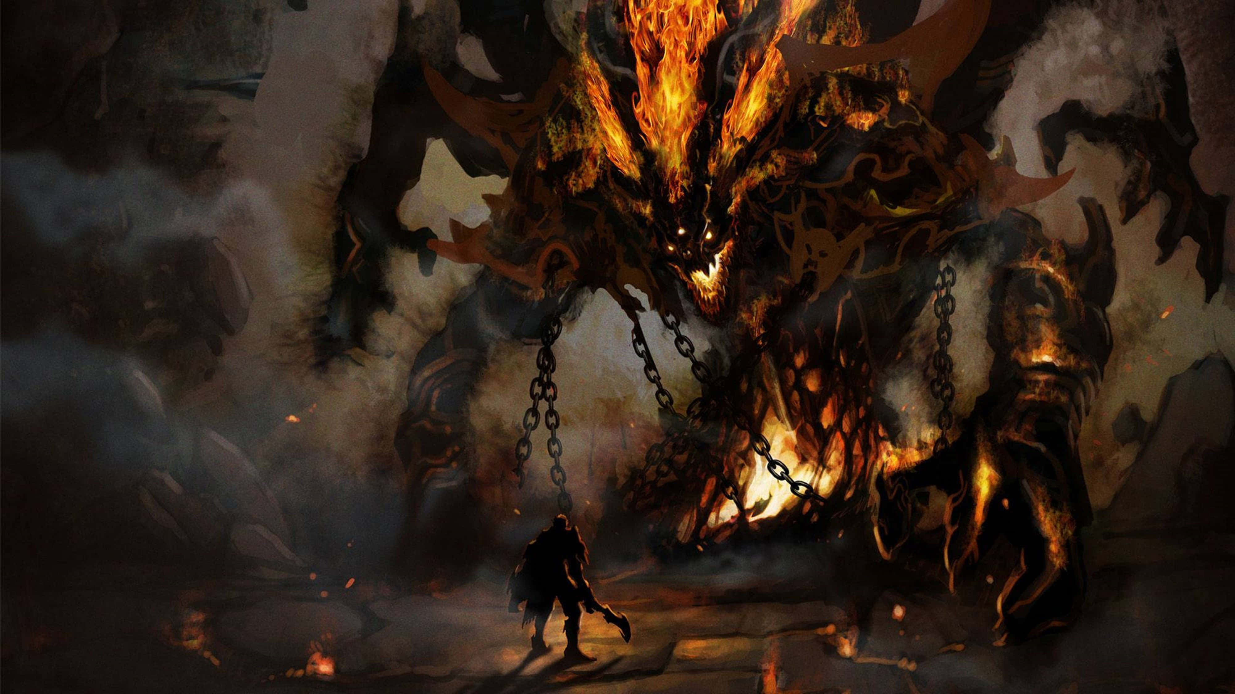 monsters 桌布 壁紙 — 一位孤獨的戰士站在一個被鎖鏈鎖在煙霧瀰漫的洞穴巢穴中的巨大火焰惡魔面前。