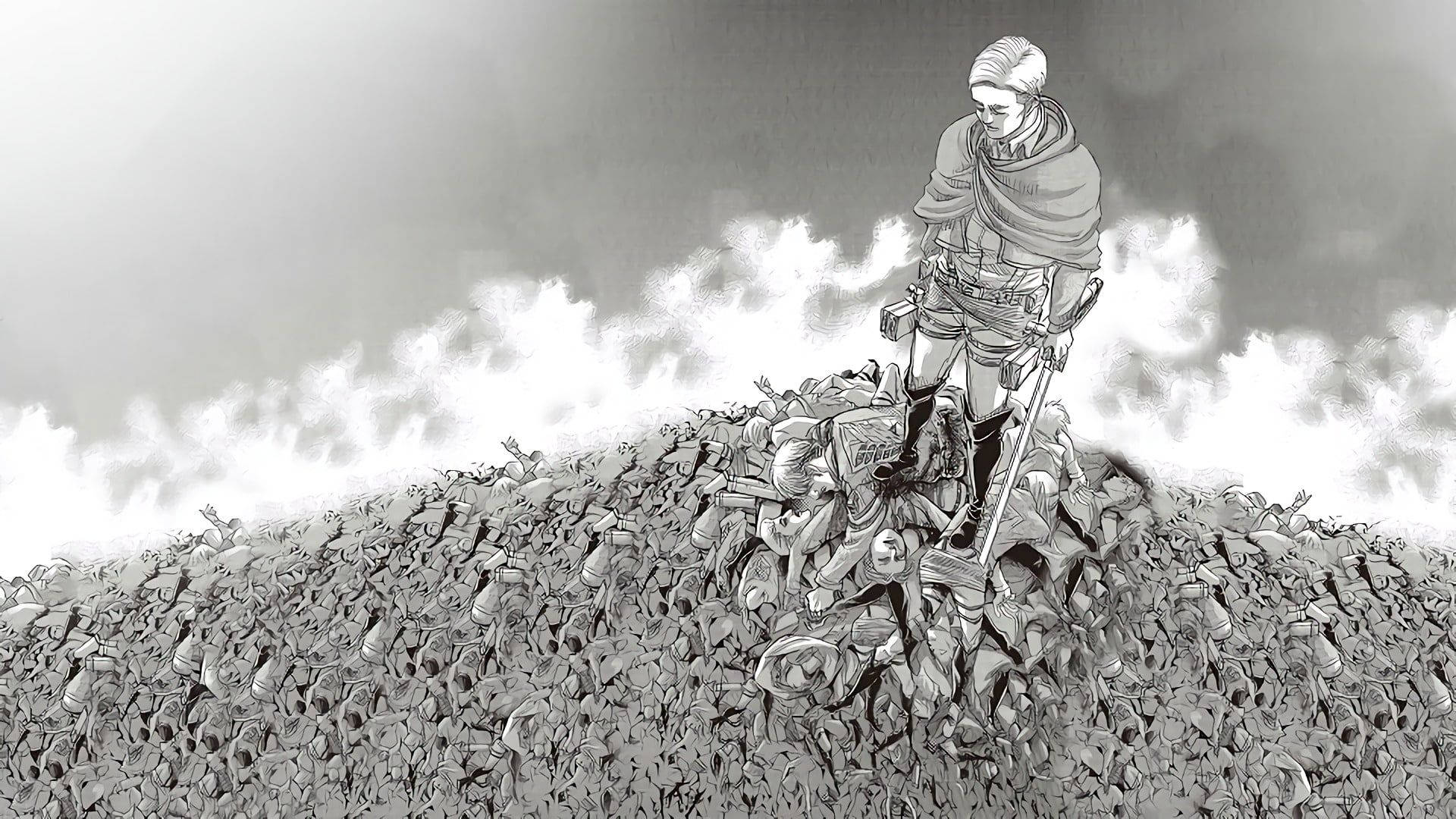 Erwin 桌布 壁紙 — 一位孤獨的戰士站在一堆倒下的敵人的山頂上，背景是風暴天空的單色畫面。