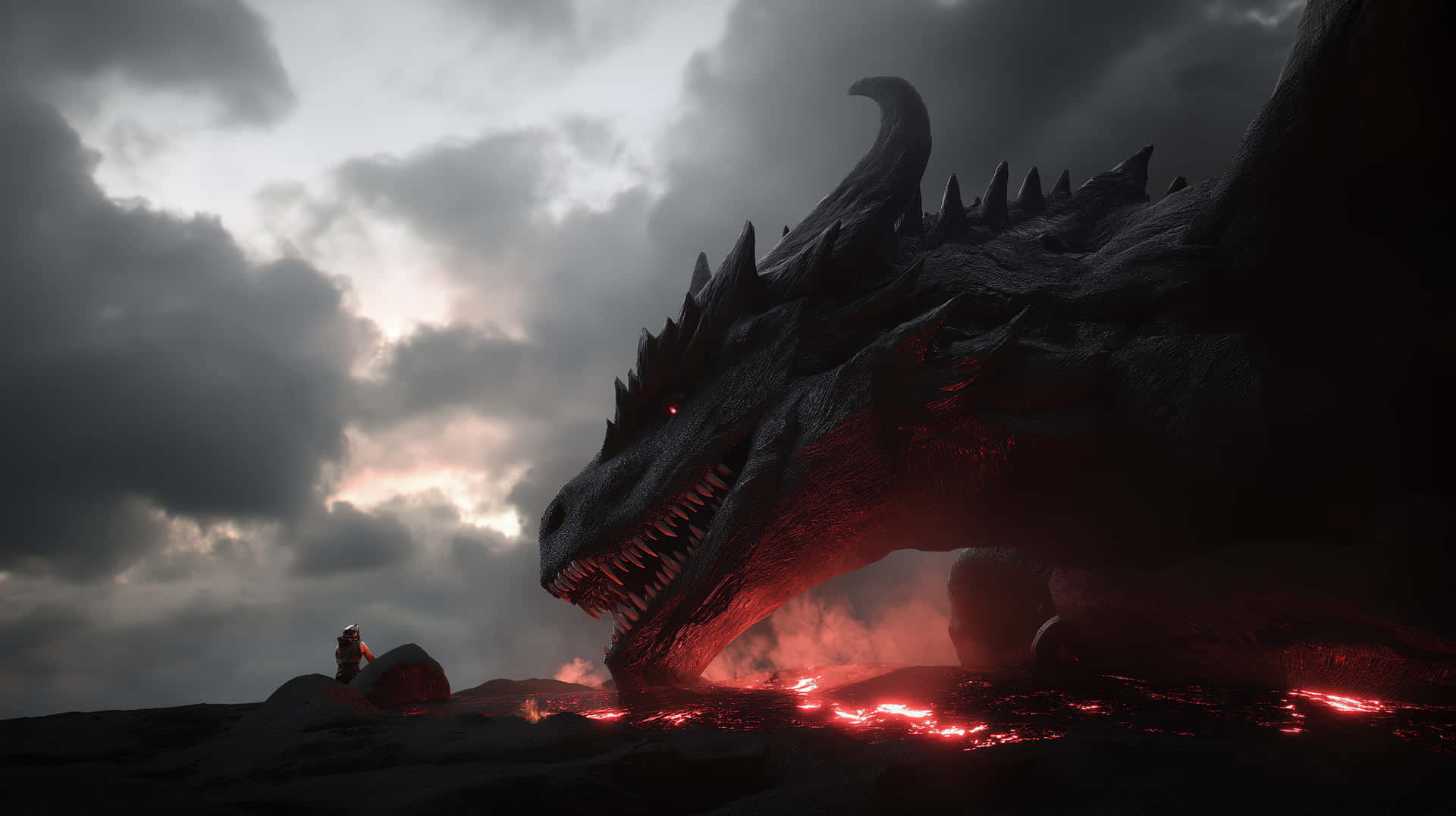 Imposing Black Dragon Guards Volcanic Lair Under Stormy Skies 壁紙 — 一位孤獨的戰士站在一條巨大的龍面前，龍的眼睛發出紅光，熔岩從牠的嘴裡流出，天空風暴肆虐。