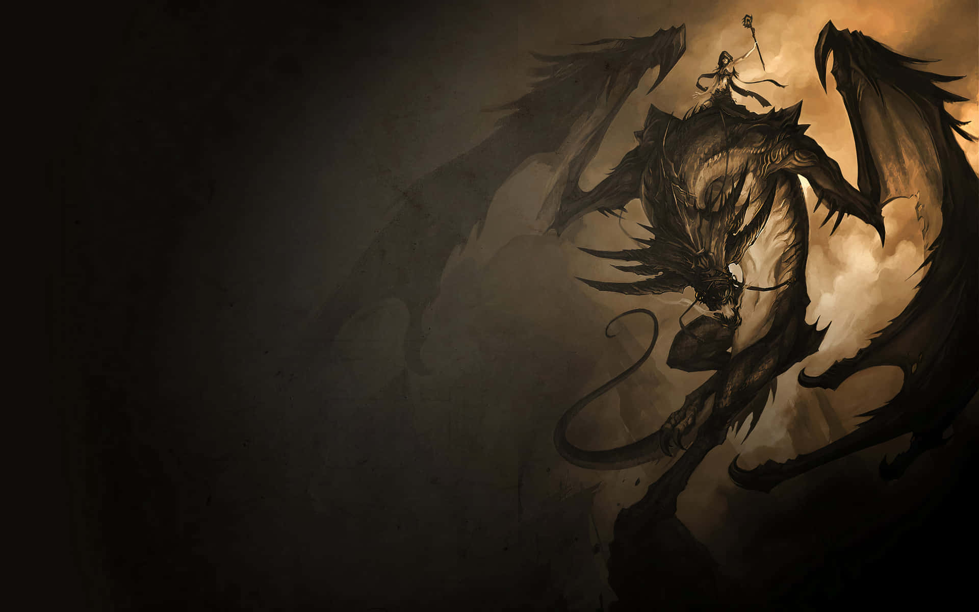 Dragon Painting by Henrick 壁紙 — 一位孤獨的戰士站在巨大的黑色龍背上，背景是暴風雨的金色天空。