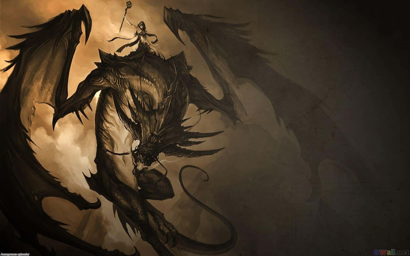 Black Dragon 桌布 壁紙 — 一位孤獨的戰士站在巨龍的背上，背景是暴風雨的天空，光線戲劇性。