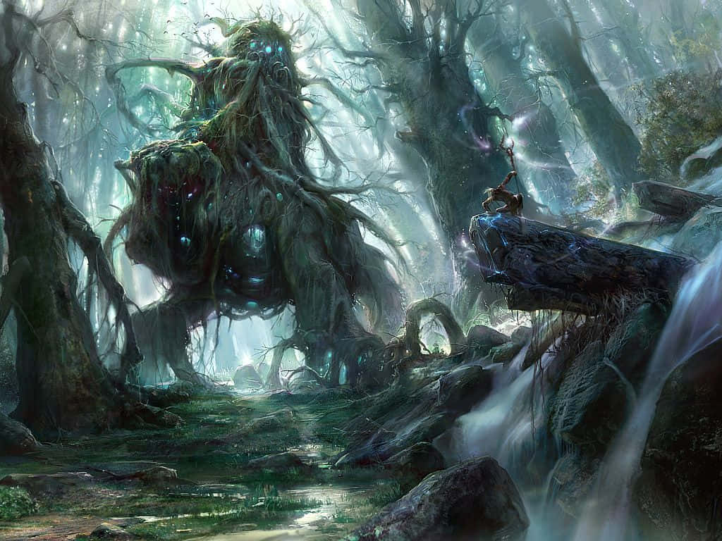 動漫 桌布 壁紙 — 一位孤獨的戰士站在懸崖上，面對一個巨大的樹狀怪物，身處迷霧籠罩、瀑布飛瀉的魔法森林中。