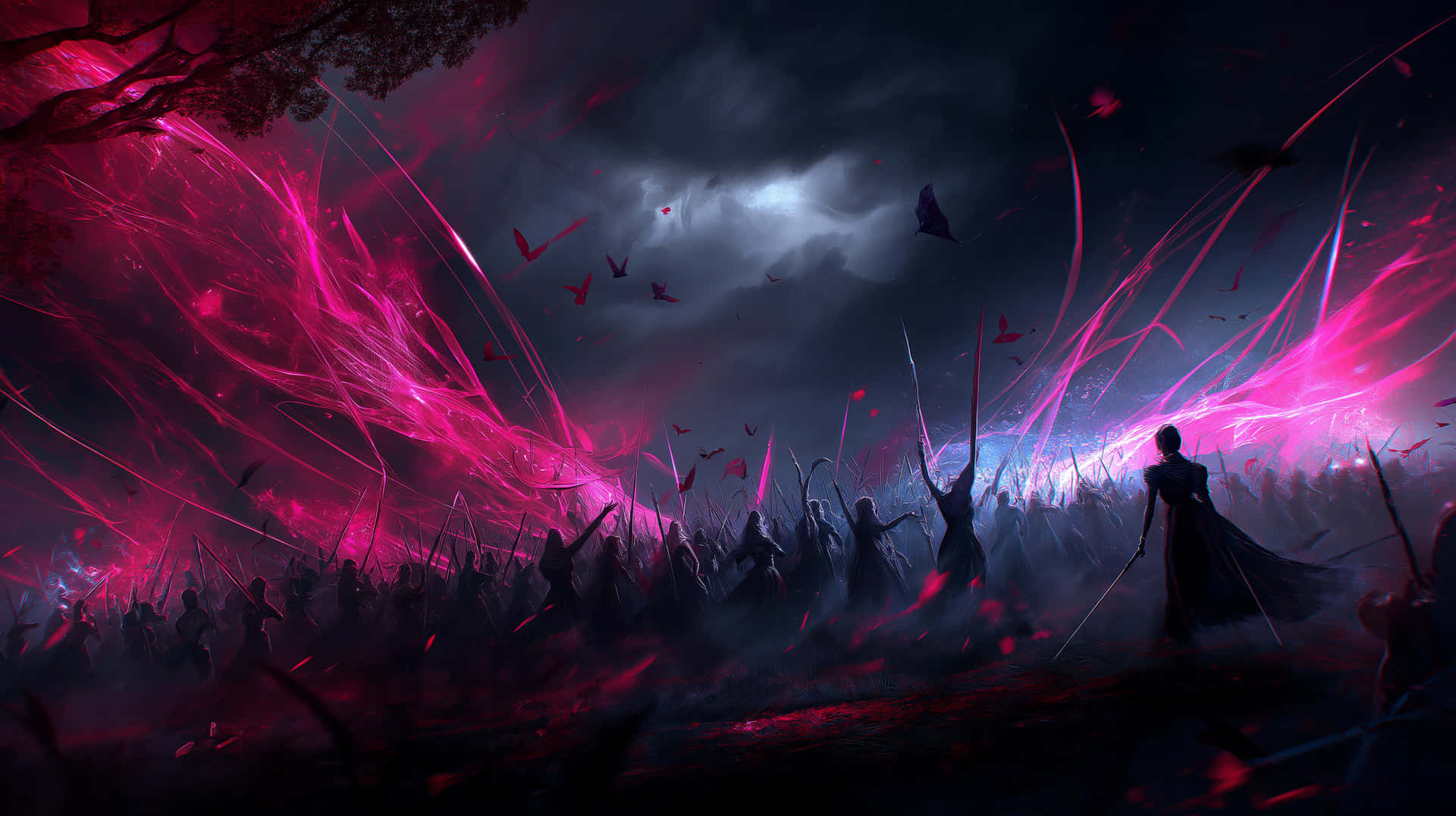 Magical Battlefield 壁紙 — 一位孤獨的戰士站在旋轉的粉紅色能量風暴前，黑暗軍團在暴風雨的天空下崛起。